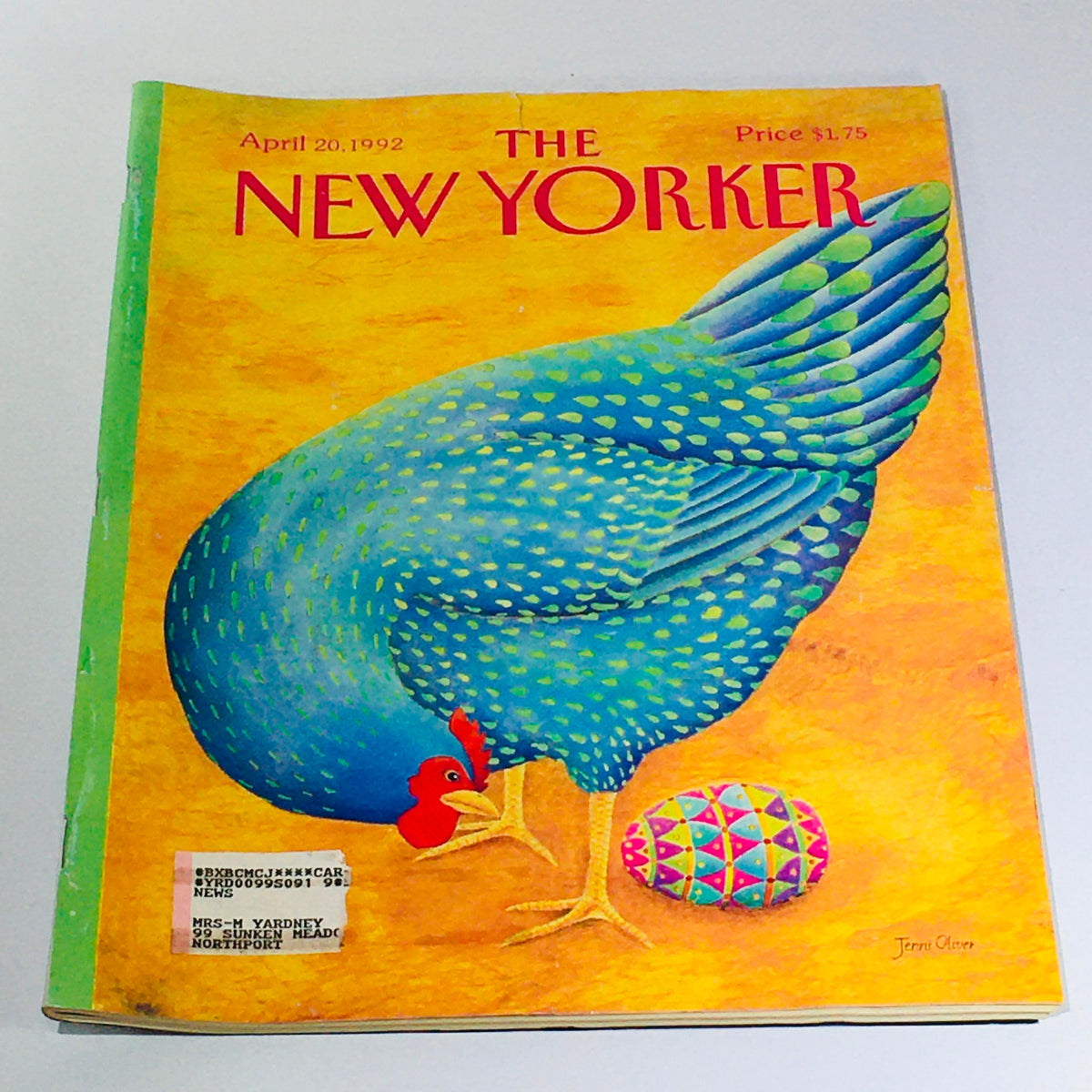 The New Yorker April 20 1992 magazine cover featuring a colorful illustration of a blue hen and a decorative egg. Vintage magazine by Jenni Oliver.