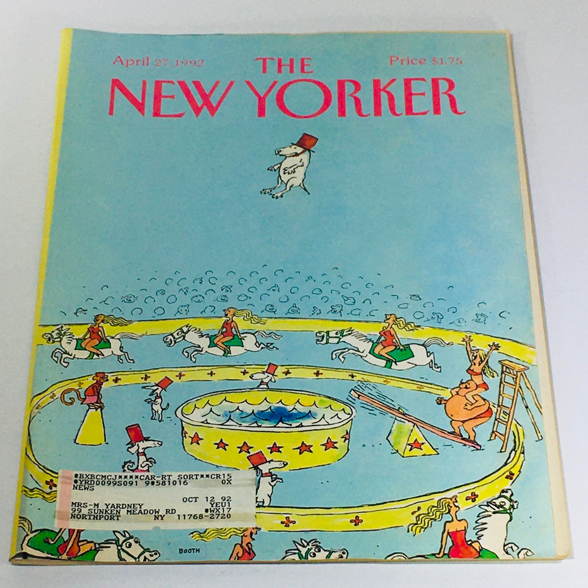 Cover of The New Yorker magazine from April 27, 1992 featuring whimsical illustrations by George Booth, depicting a circus scene with animals and performers, highlighting the playful and artistic style characteristic of the iconic publication.