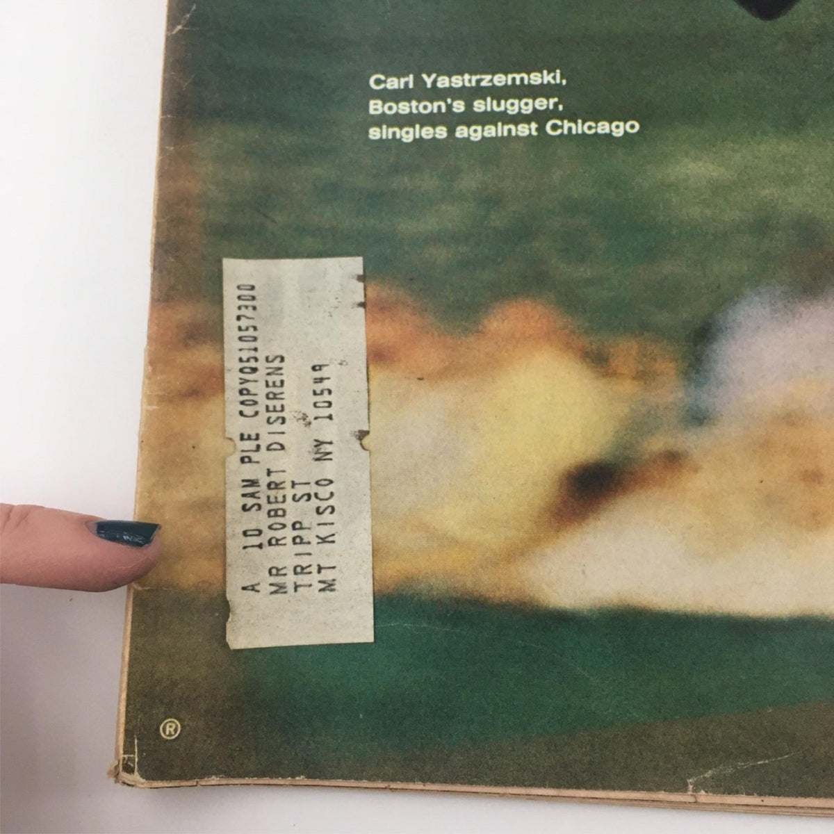 Close-up of the address label on the cover of VTG Life Magazine September 8, 1967 featuring Carl Yastrzemski, highlighting the magazine's vintage quality and minor wear.