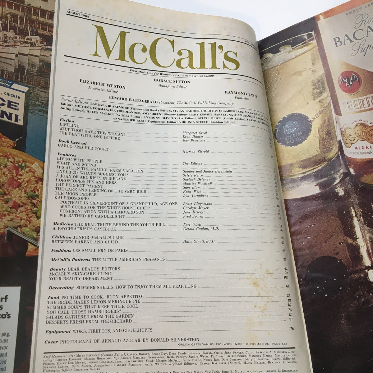 Interior page of VTG McCall's Magazine August 1969 displaying the table of contents highlighting articles including 'The Real Truth Behind The Youth Pill'.