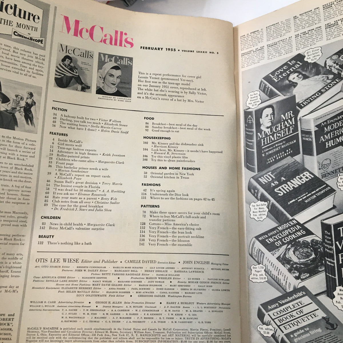 Table of contents page from VTG McCall's Magazine February 1955 detailing various articles and features including fashion and beauty.