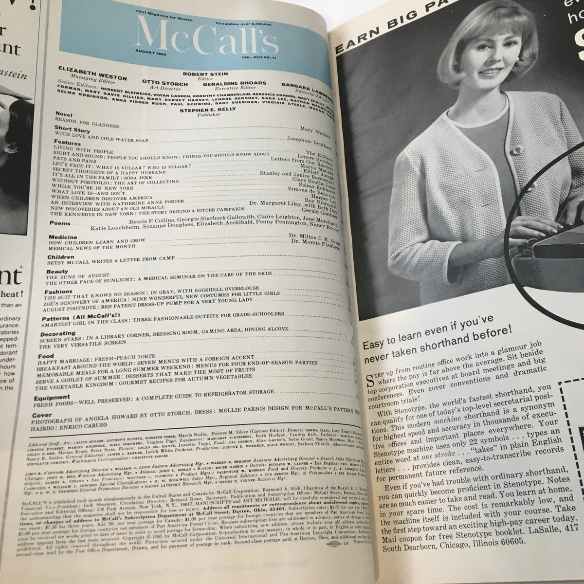 Inside page of VTG McCall's Magazine August 1965 displaying the editorial content and contributors, including the notable photograph of Angela Howard by Otto Storch.