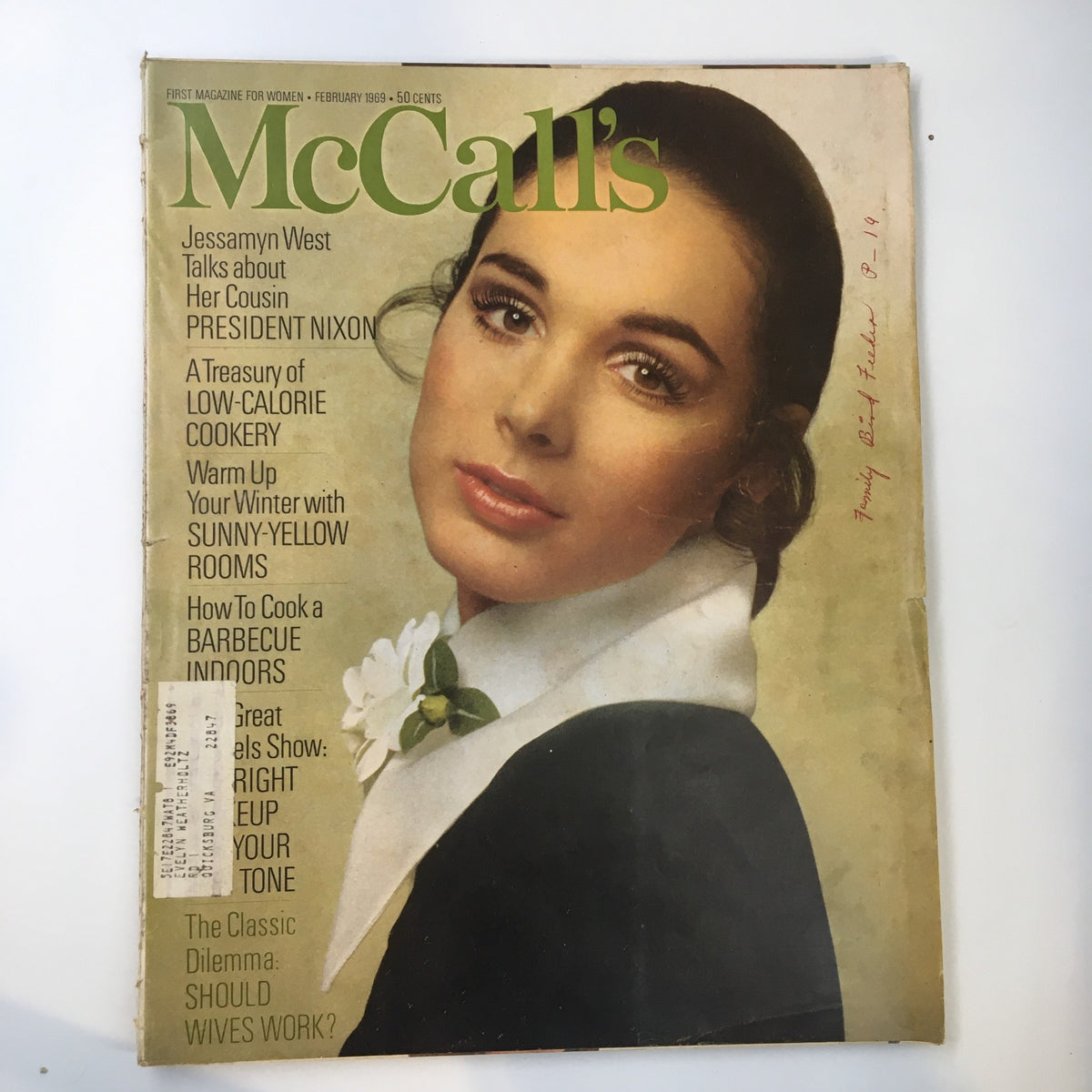 Cover of VTG McCall's Magazine February 1969 featuring Jessamyn West discussing President Nixon, showcasing a portrait of a woman with a flower in her attire, representing the 1960s cultural and political climate.