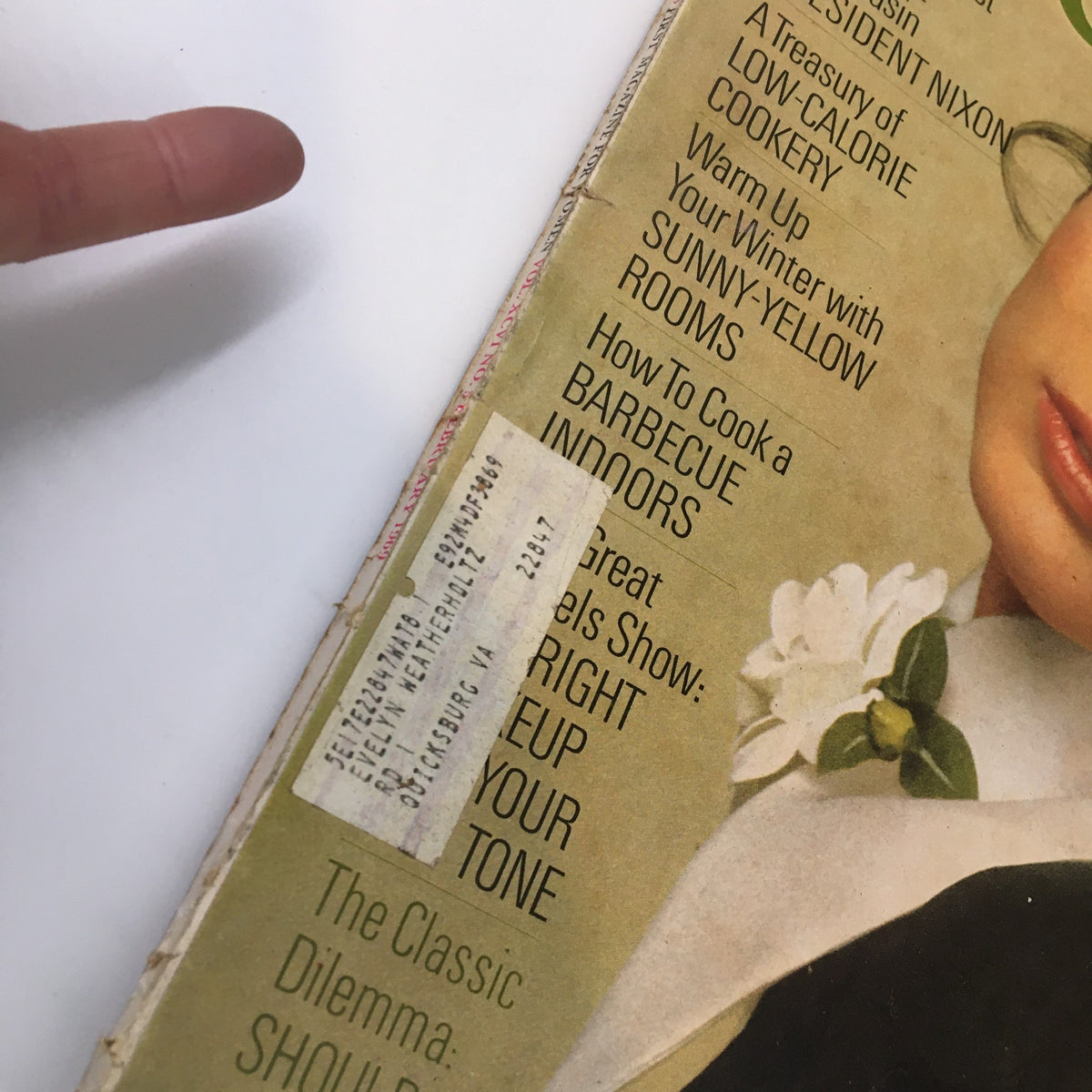 Close-up of the VTG McCall's Magazine February 1969 cover, highlighting the label and text discussing low-calorie cookery and cultural topics, featuring Jessamyn West's insights on President Nixon.