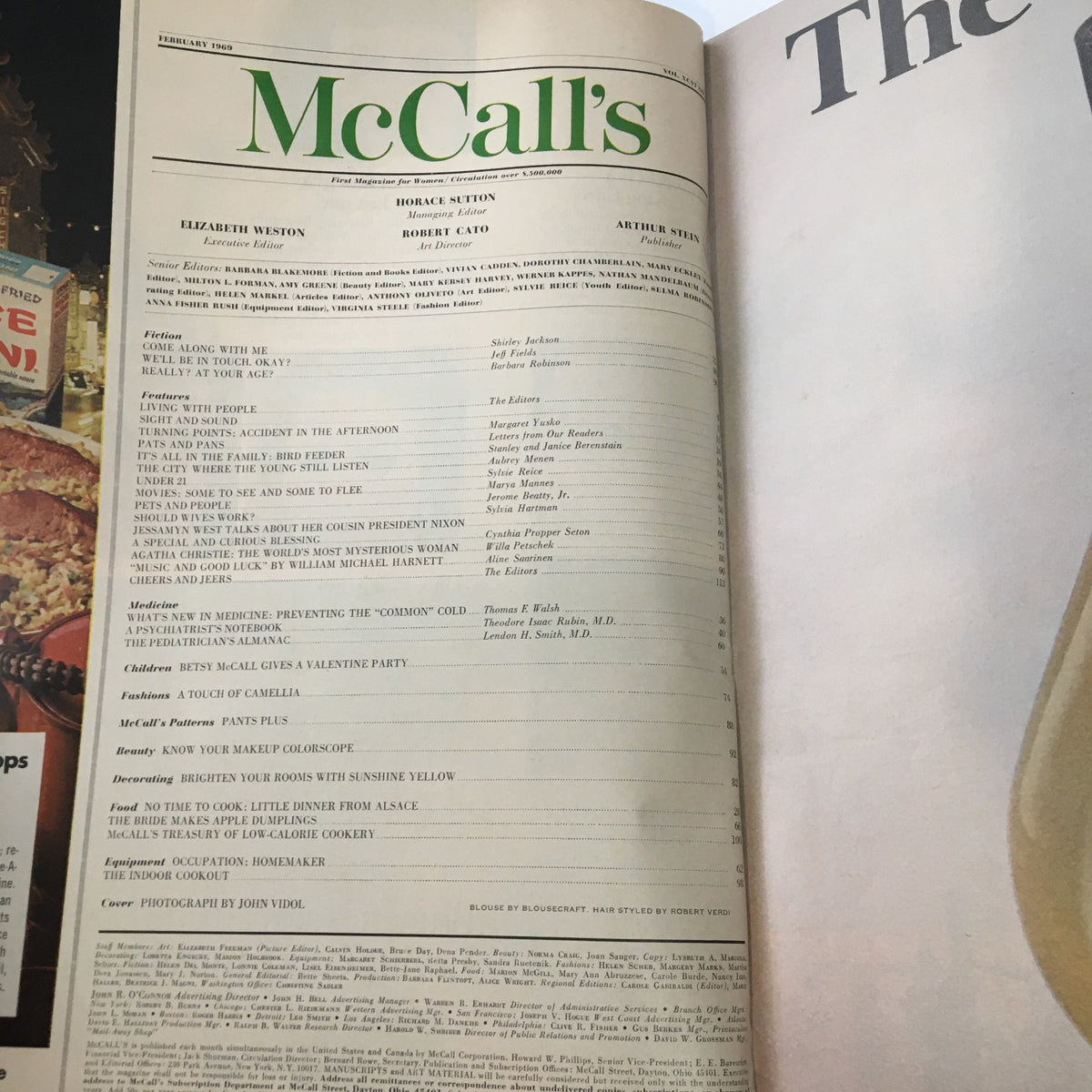Inside page of VTG McCall's Magazine February 1969 featuring the table of contents. Highlights include Jessamyn West's discussion about President Nixon, cultural insights of the 1960s, and various articles related to health, fashion, and food.