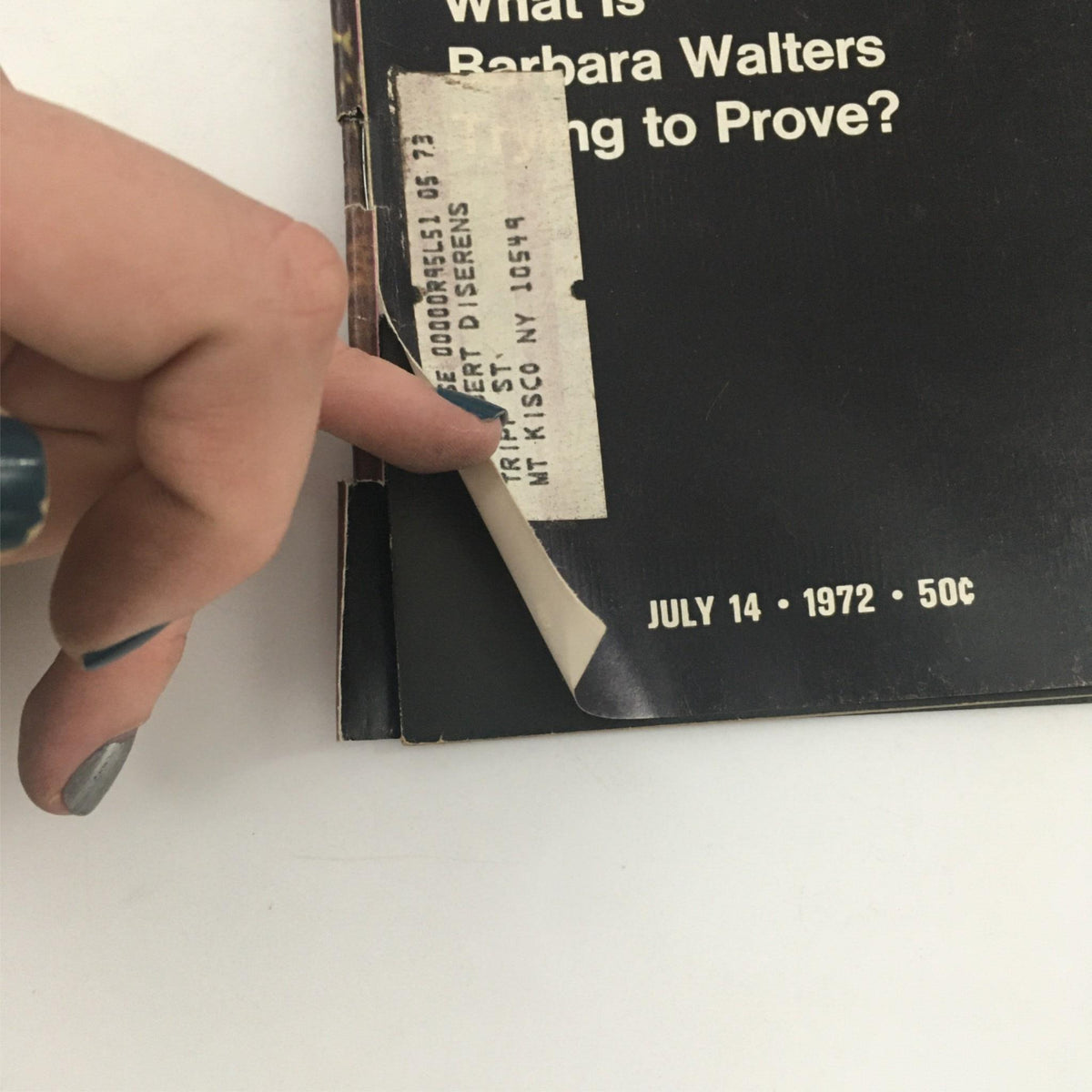 Close-up of the July 14, 1972 Vintage Life Magazine featuring Mick Jagger and Barbara Walters, showcasing an address label and edge details.