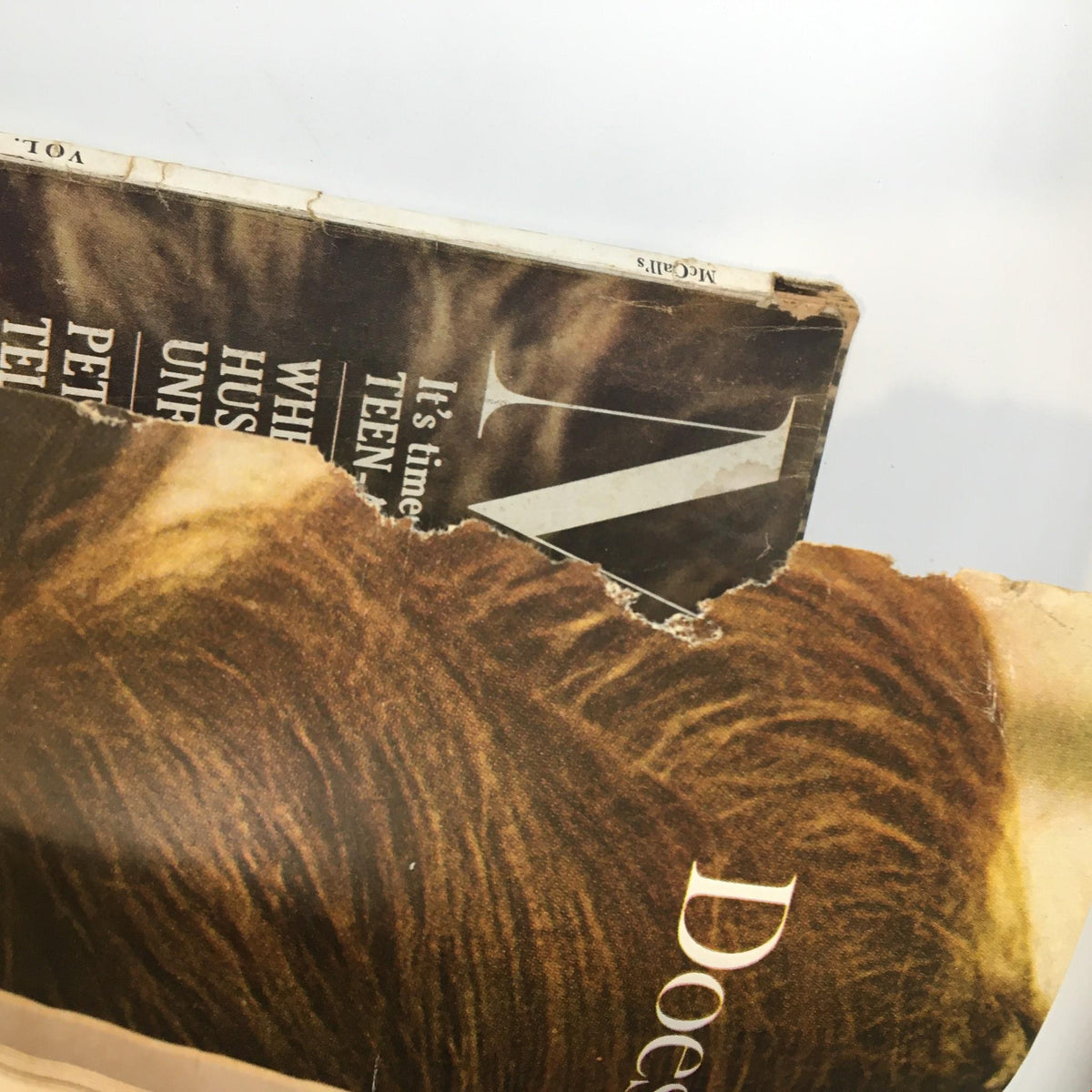 Close-up view of the torn cover of VTG McCall's Magazine January 1963 featuring Peter Lawford, JFK's brother-in-law. The image showcases the vintage magazine's aged condition with visible wear and a unique character.