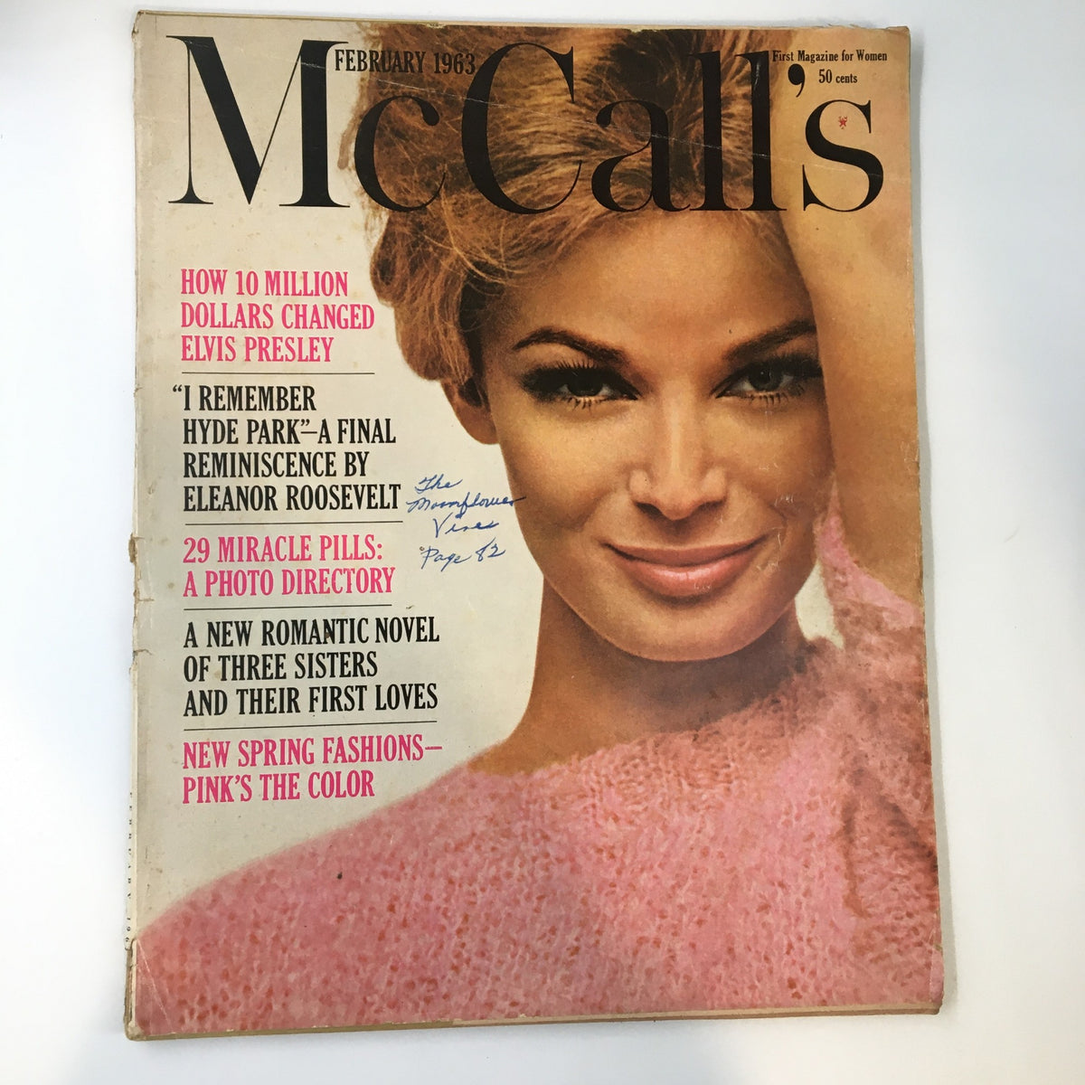 VTG McCall's Magazine February 1963 cover featuring an article titled 'How 10 Million Dollars Changed Elvis Presley', showcasing a model in a pink sweater.