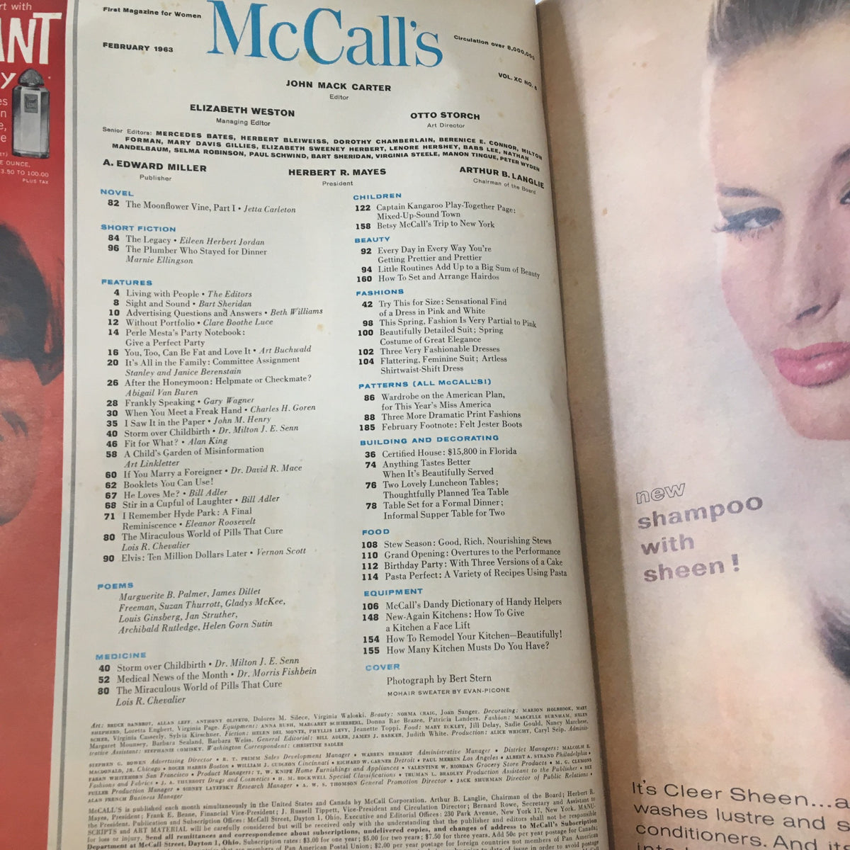Interior page of VTG McCall's Magazine February 1963, featuring an article list including 'Elvis: Ten Million Dollars Later' and details about various topics of the time, emphasizing the cultural relevance of the issue.