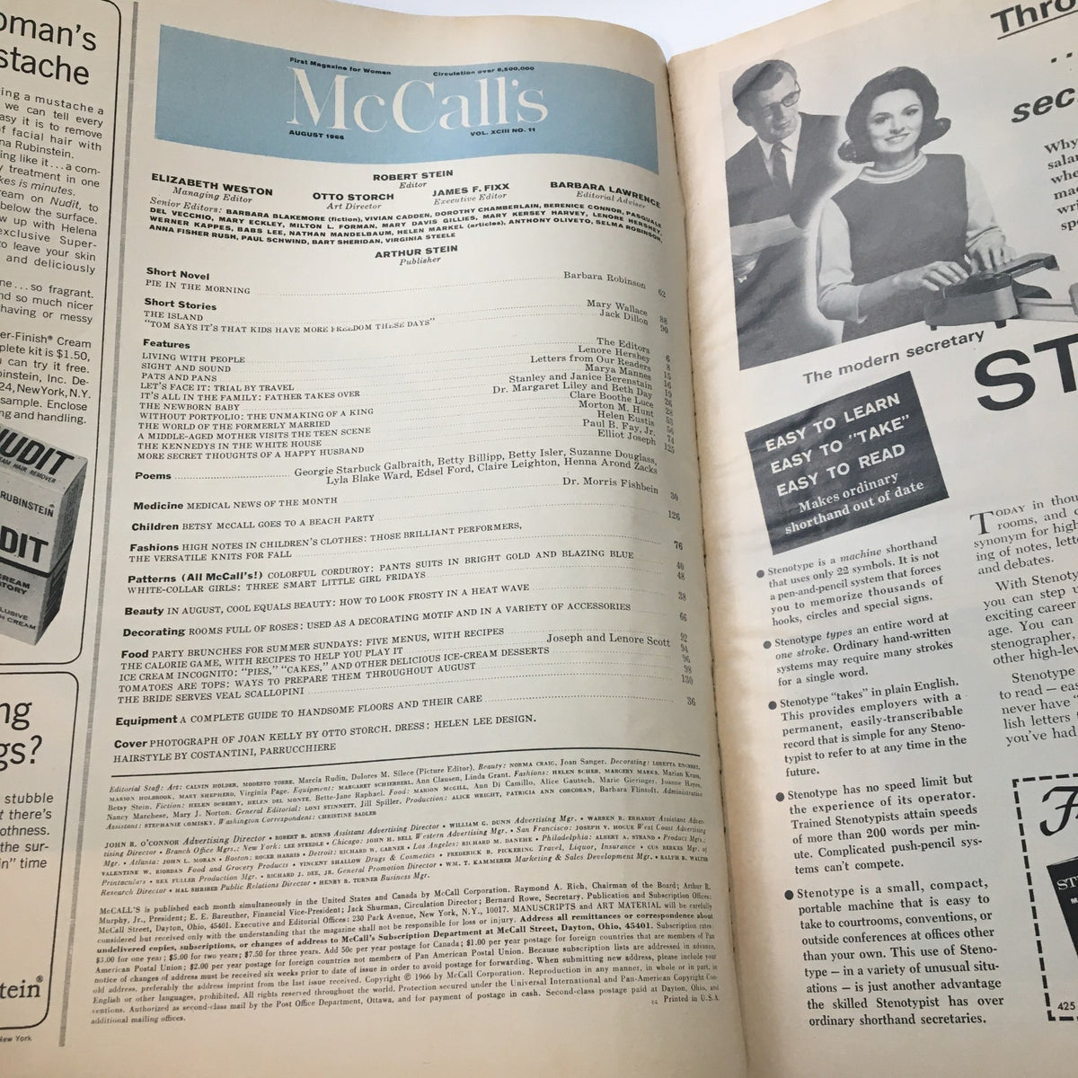 Interior page of McCall's Magazine August 1966, highlighting the magazine's content list and a vintage advertisement, part of 'VTG McCall's Magazine August 1966 A Baffled Mother Visits Sonny and Cher'.