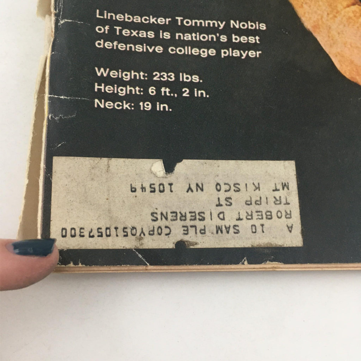 Back cover of the December 10, 1965 Life Magazine showing details about Tommy Nobis, including his weight and height, part of the collectible issue showcasing the number one draft choice.