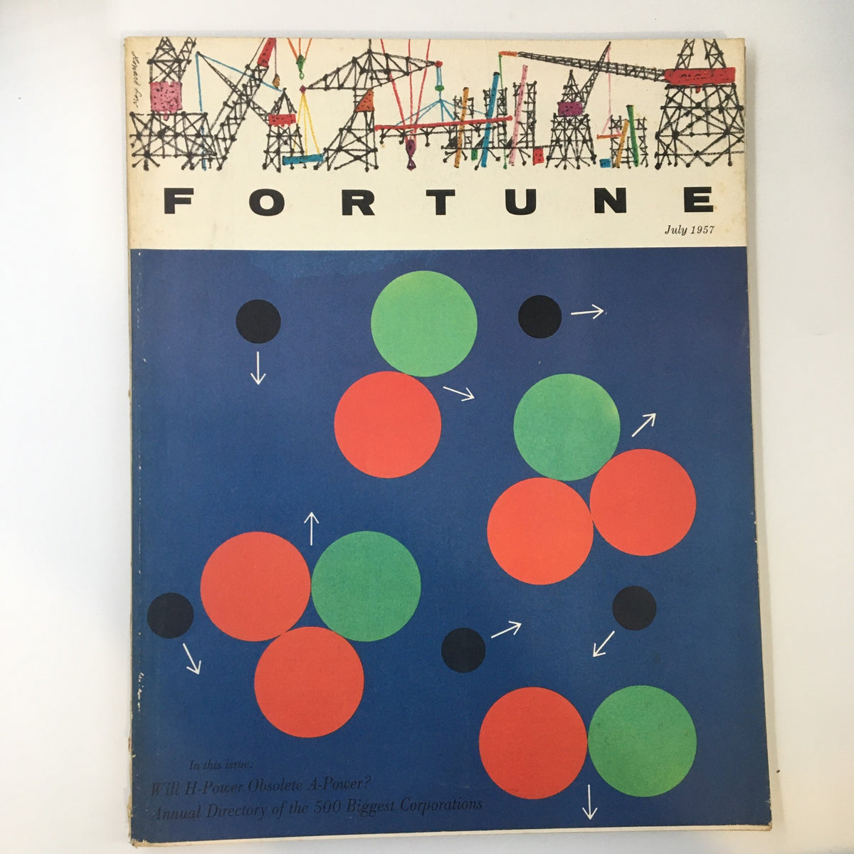 VTG Fortune Magazine July 1957 cover featuring a vibrant design with geometric shapes and colorful elements, emphasizing the economic themes of the period.