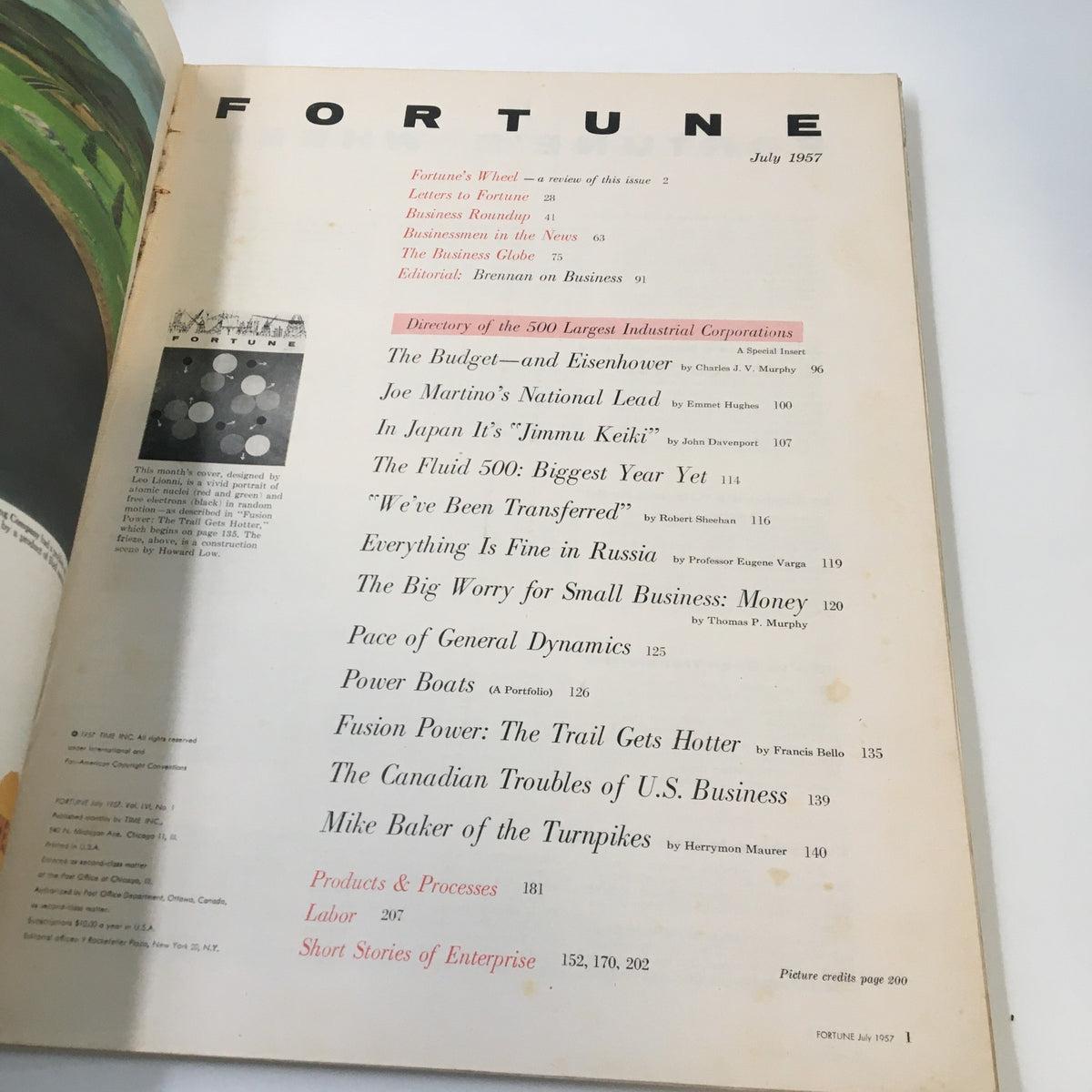 Inside page of the VTG Fortune Magazine July 1957, displaying the table of contents with highlighted topics including 'The Canadian Troubles of U.S. Business'.