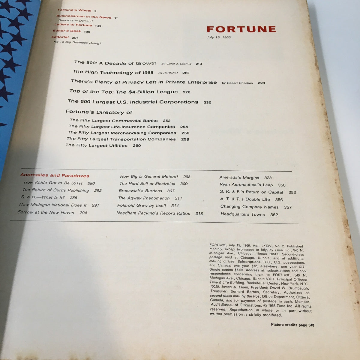 Table of contents from VTG Fortune Magazine July 15 1966, listing major articles and sections including the 500 largest U.S. corporations.