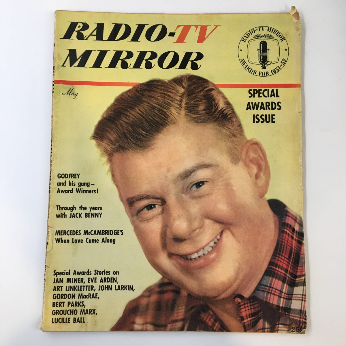 VTG Radio-TV Mirror Magazine May 1952 Cover Portrait of Arthur Godfrey, featuring a smiling man with blonde hair in a plaid shirt, highlighting the magazine's special awards issue.
