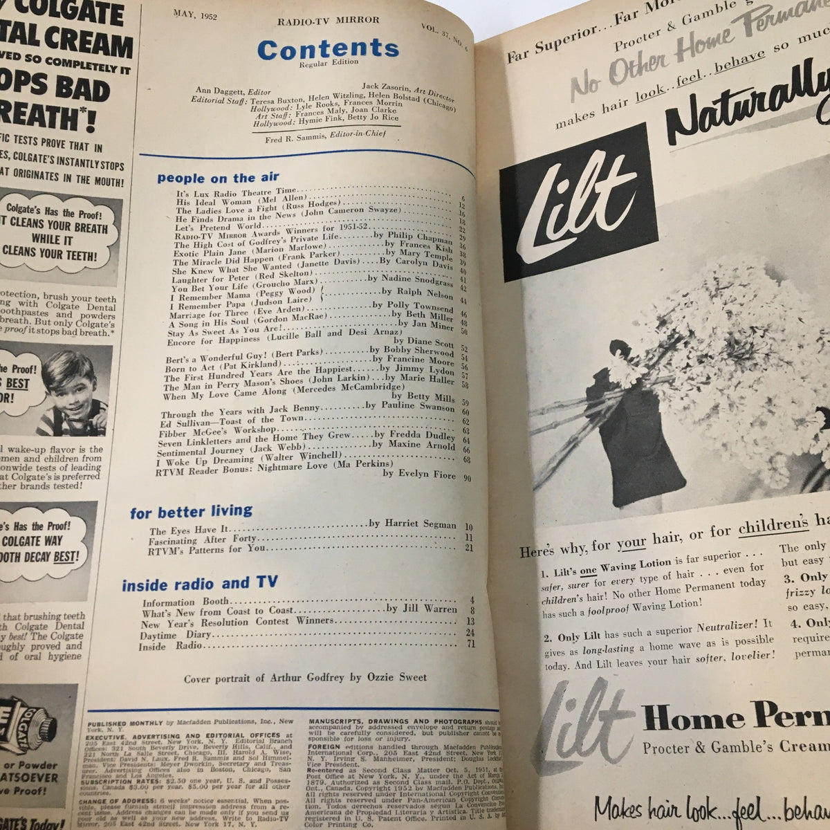 Inside page of VTG Radio-TV Mirror Magazine May 1952 showcasing the contents, including articles about television personalities and features of the era.
