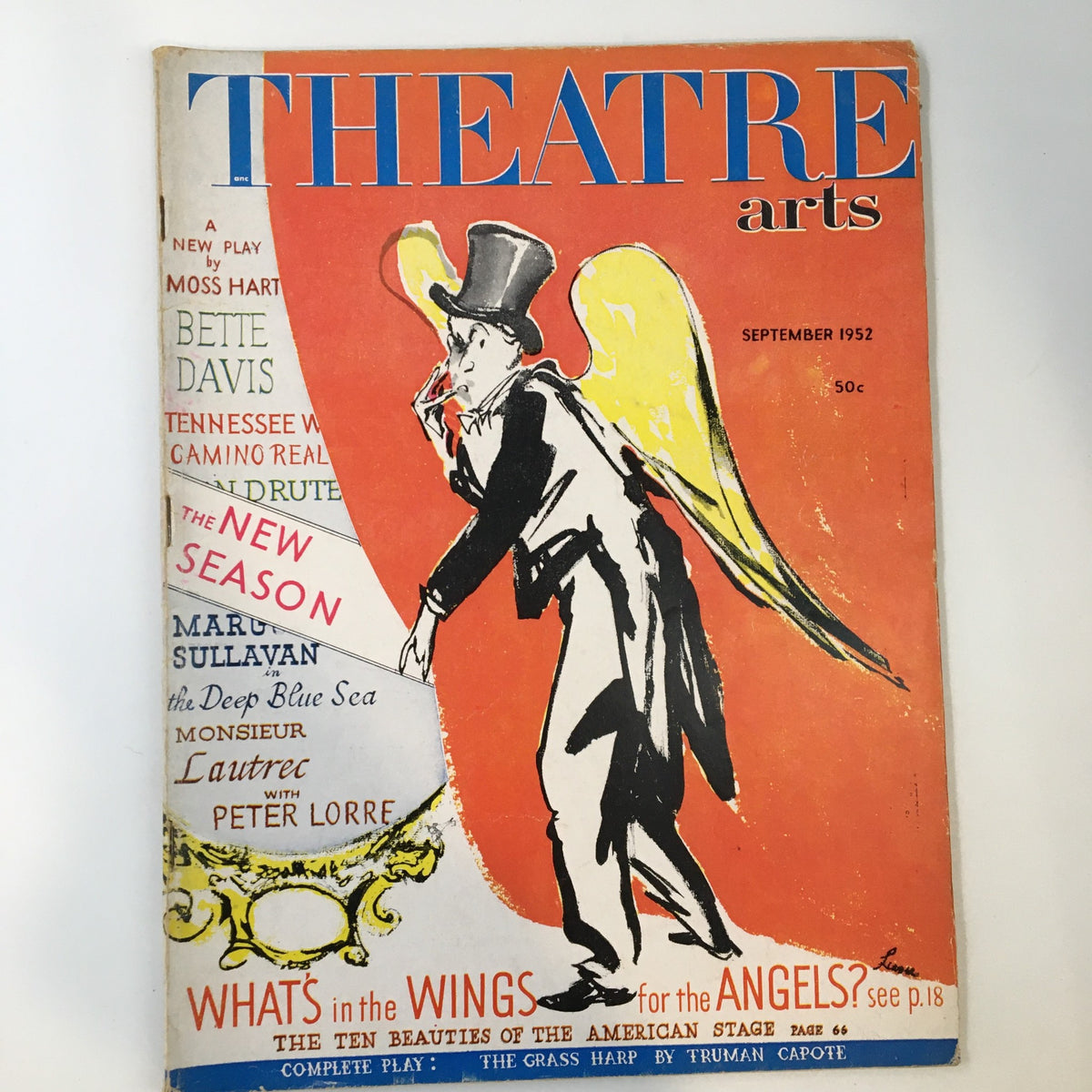 Cover of VTG Theatre Arts Magazine September 1952 showcasing theatrical artwork and titles including 'The New Season' and featuring a character with wings.