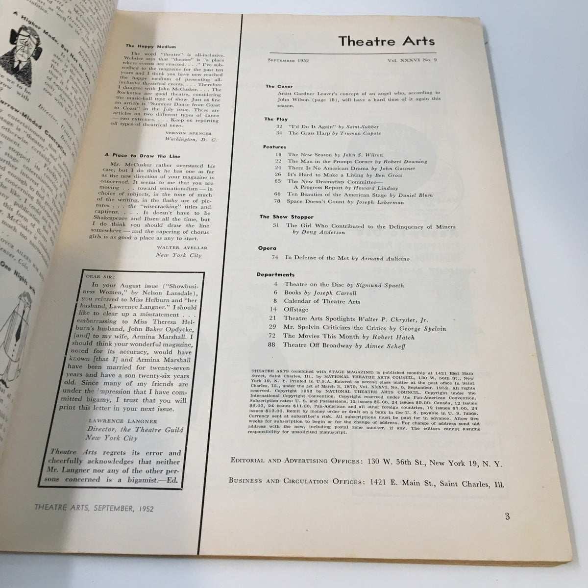 Interior page of VTG Theatre Arts Magazine September 1952, displaying article titles and content discussing theatre trends and performances.