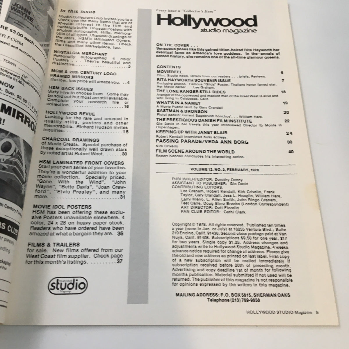 Inside page of VTG Hollywood Studio Magazine February 1978 showing contents and magazine layout related to Rita Hayworth and Hollywood features.