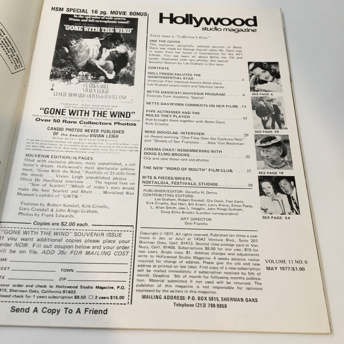 Inside page of VTG Hollywood Studio Magazine May 1977, highlighting content related to Bette Davis and showcasing features about classic cinema.