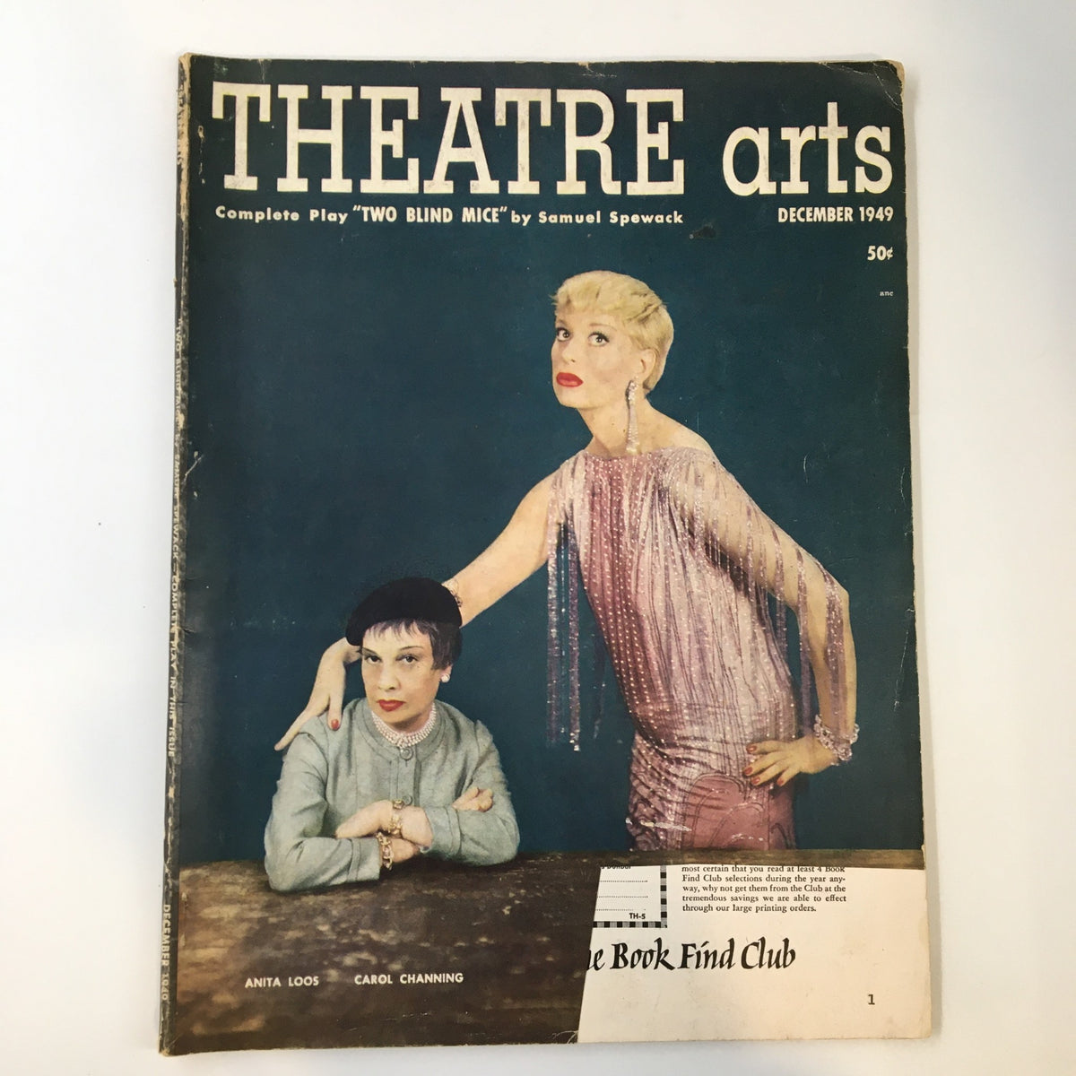 Cover of VTG Theatre Arts Magazine December 1949 featuring Anita Loos and Carol Channing, showcasing a vintage style design.