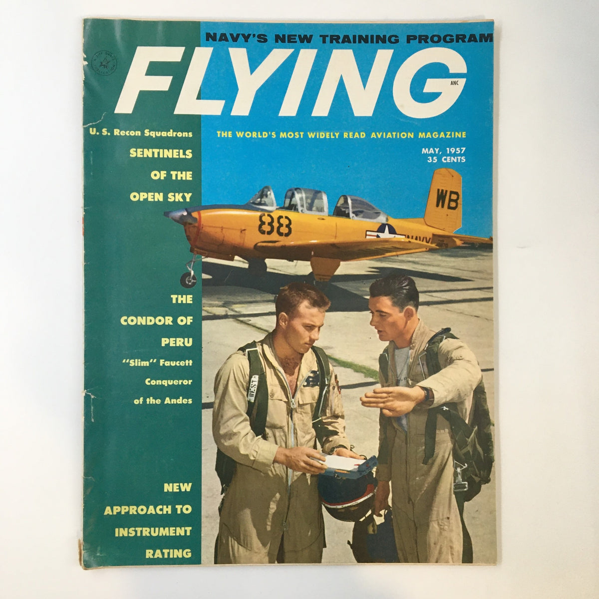 Cover of the VTG Flying Aviation Magazine May 1957 issue, titled 'Sentinels of the Open Sky', featuring two aviators in flight suits and a yellow aircraft in the background.