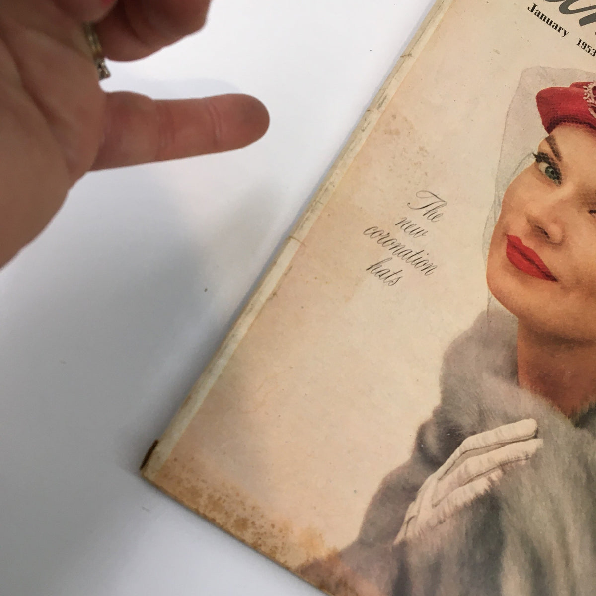 Cover of VTG Family Circle Magazine January 1953 featuring a fashionable woman and the text 'The new coronation hats', showcasing vintage style and design.