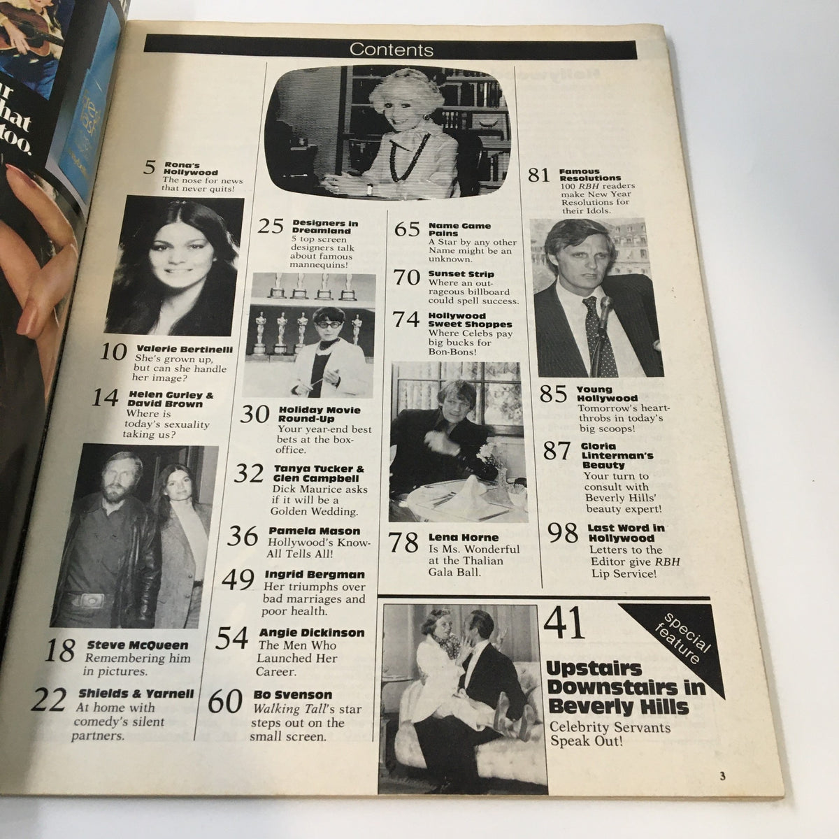 Contents page of Rona Barrett's Hollywood Magazine February 1981, featuring articles including Valerie Bertinelli, showcasing the vintage layout and key highlights of the issue.