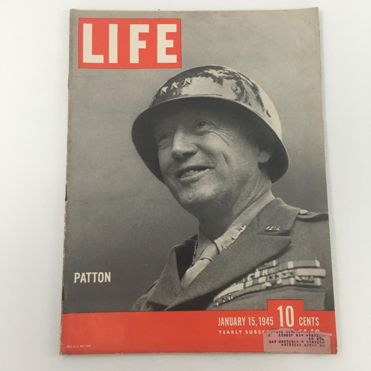 Cover of the VTG Life Magazine from January 15, 1945 featuring General George Patton, showcasing his iconic portrait alongside the magazine title and publication date.