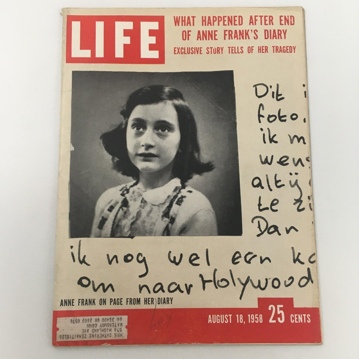 Vintage Life Magazine from August 18, 1958, featuring Anne Frank on the cover with a photograph and handwritten text related to her diary. The magazine highlights the historical significance of Anne Frank's story.