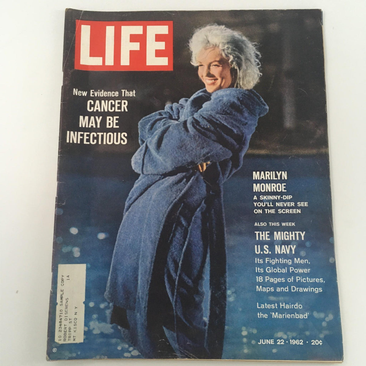 VTG Life Magazine June 22, 1962 featuring Marilyn Monroe on the cover, showcasing her iconic beauty in a cozy outfit, highlighting the theme 'A Skinny-Dip You'll Never See on the Screen.'
