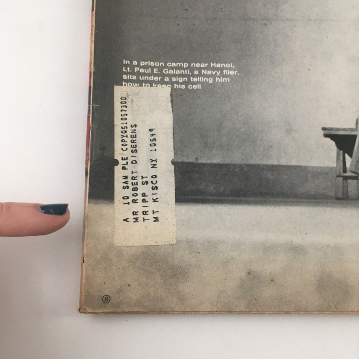 Vintage Life Magazine cover detail from October 20, 1967, featuring a POW Lt. Paul E. Galanti in a prison camp near Hanoi, including an address label with details.