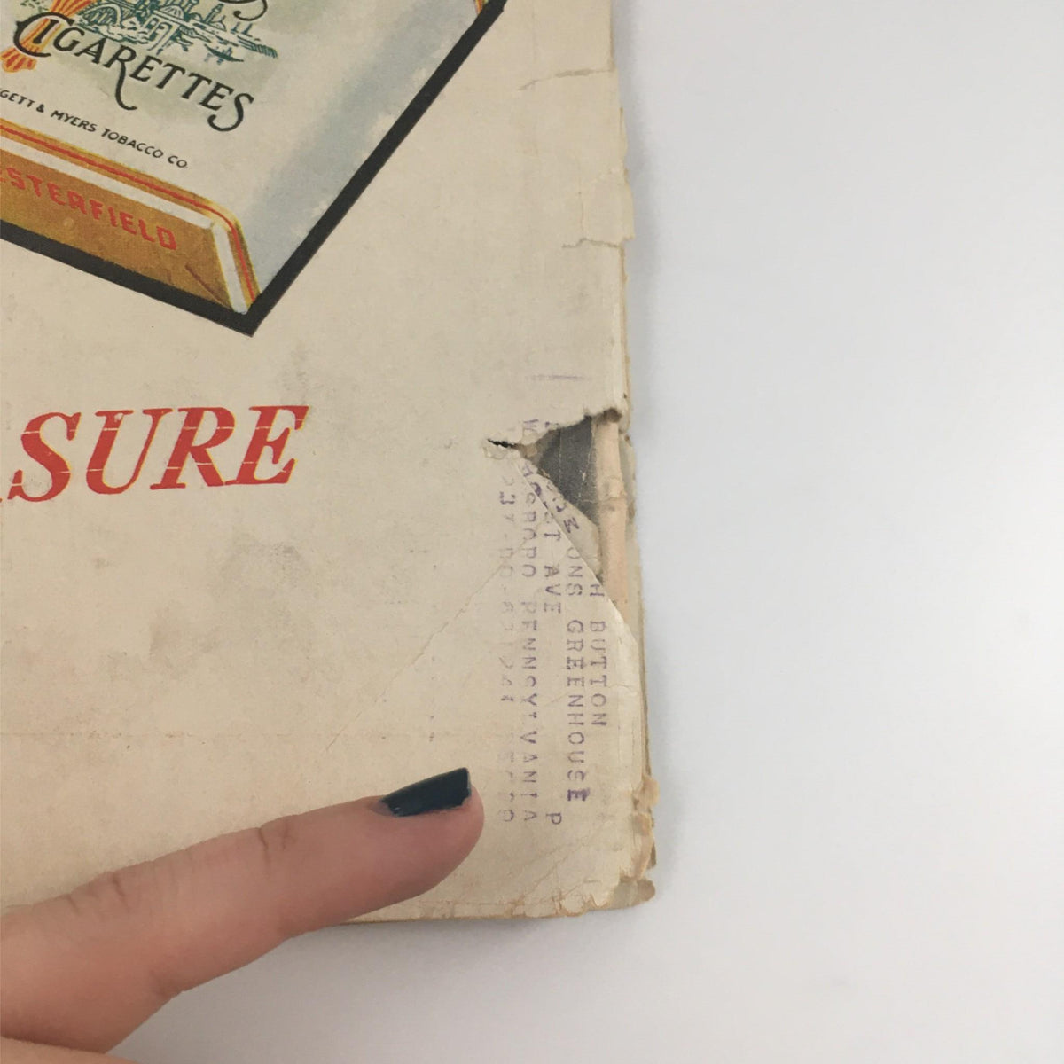 Close-up view of the back cover of Life Magazine from January 24, 1938, highlighting vintage Chesterfield cigarette advertisement details, including the tagline emphasizing pleasure.