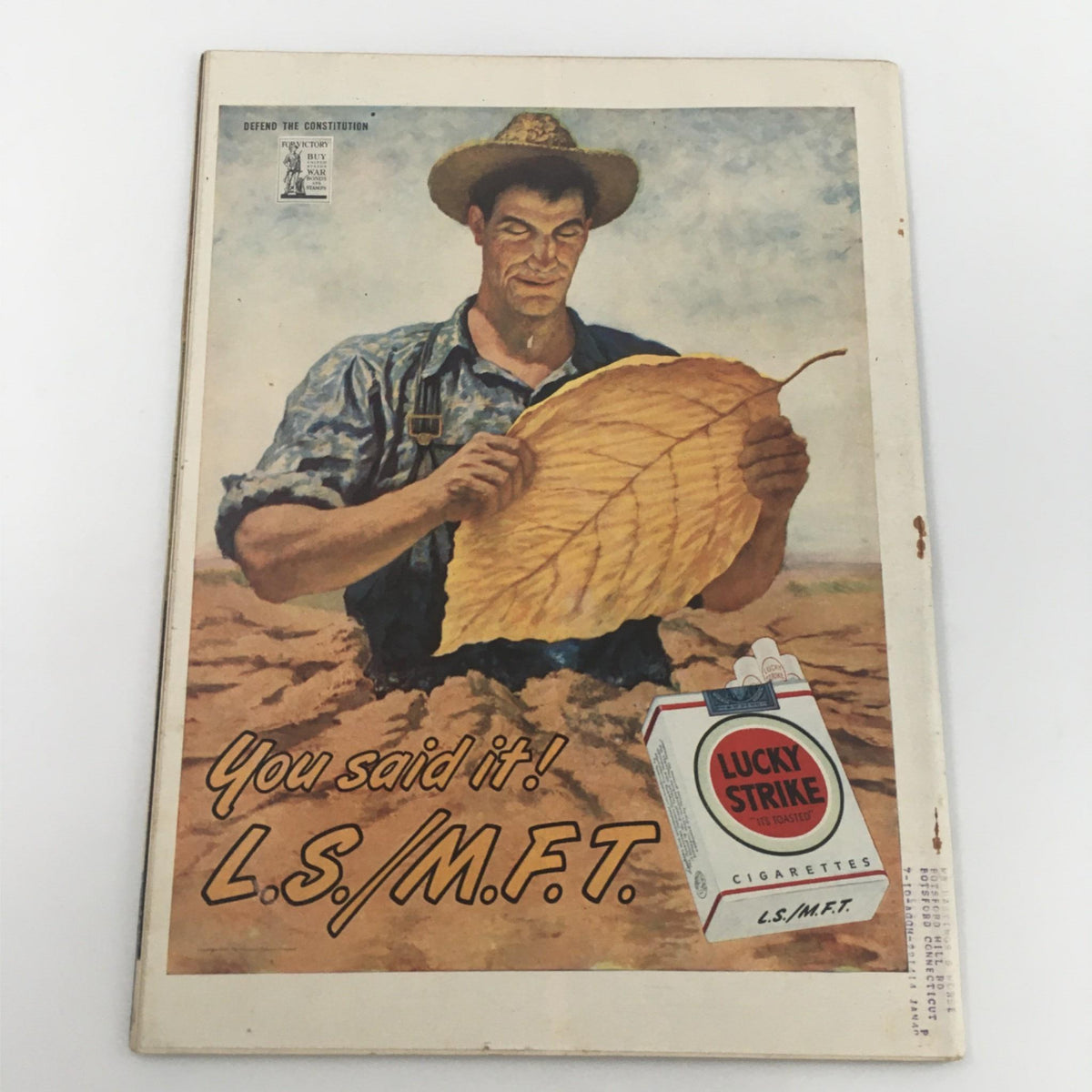 VTG Life Magazine June 18, 1945 featuring a vintage advertisement for Lucky Strike cigarettes, depicting a farmer holding a large tobacco leaf.