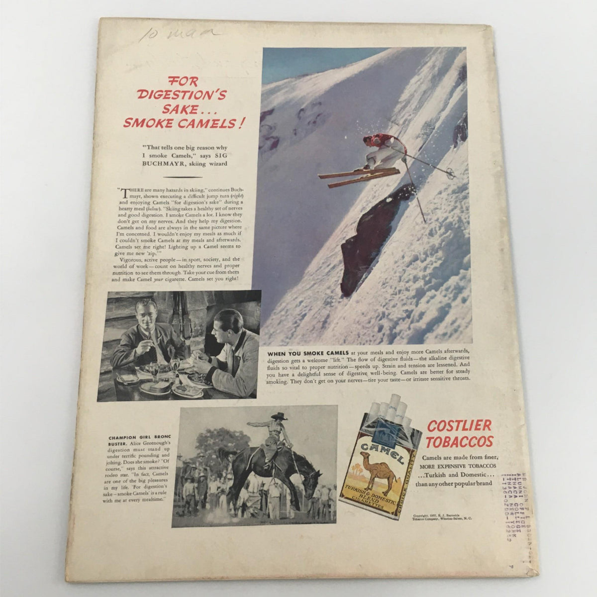 Back cover of VTG Life Magazine February 1, 1937, displaying an advertisement for Camel cigarettes with skiing imagery, highlighting vintage advertising style.
