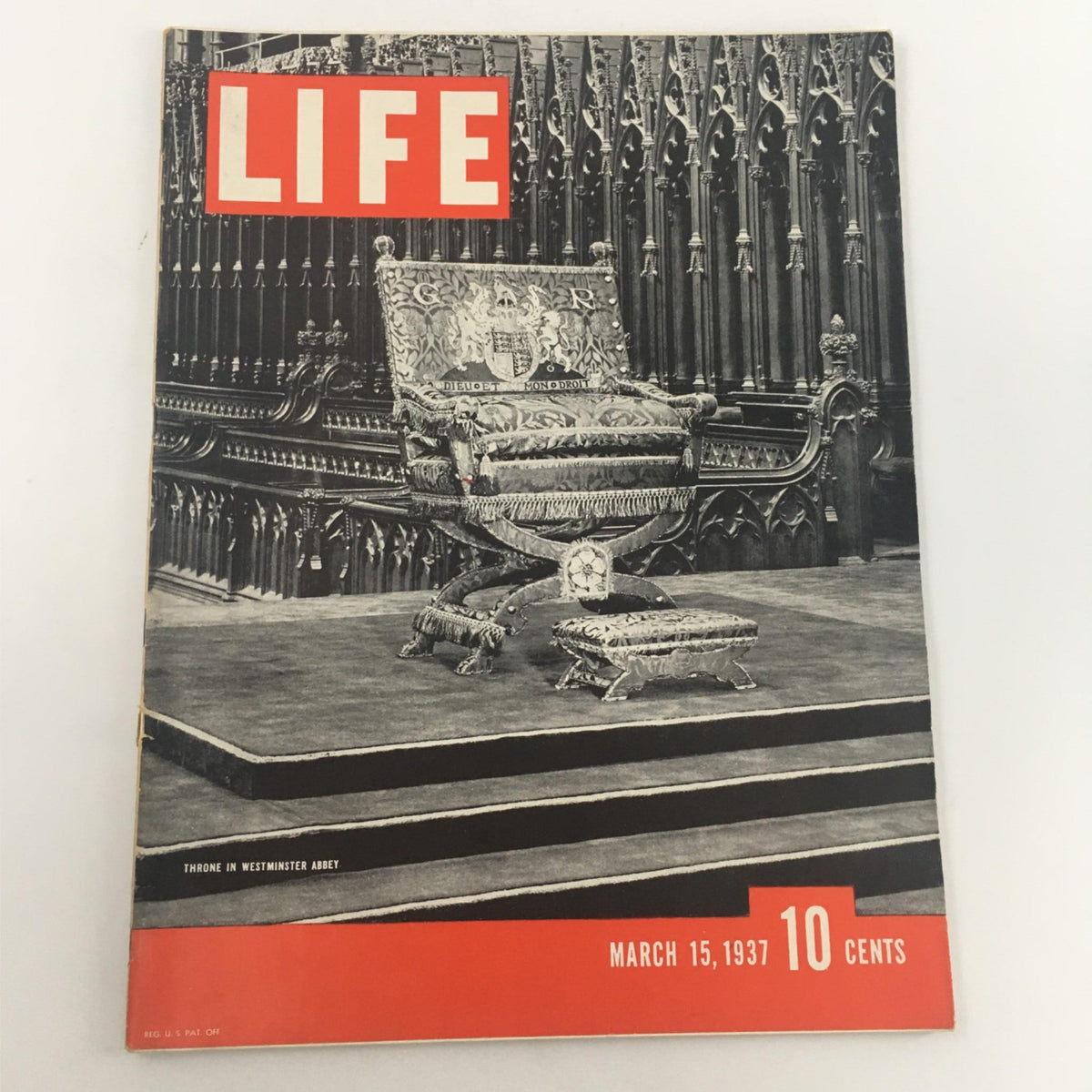 Vintage Life Magazine cover from March 15, 1937, featuring the Throne in Westminster Abbey, showcasing historical significance with a striking design.