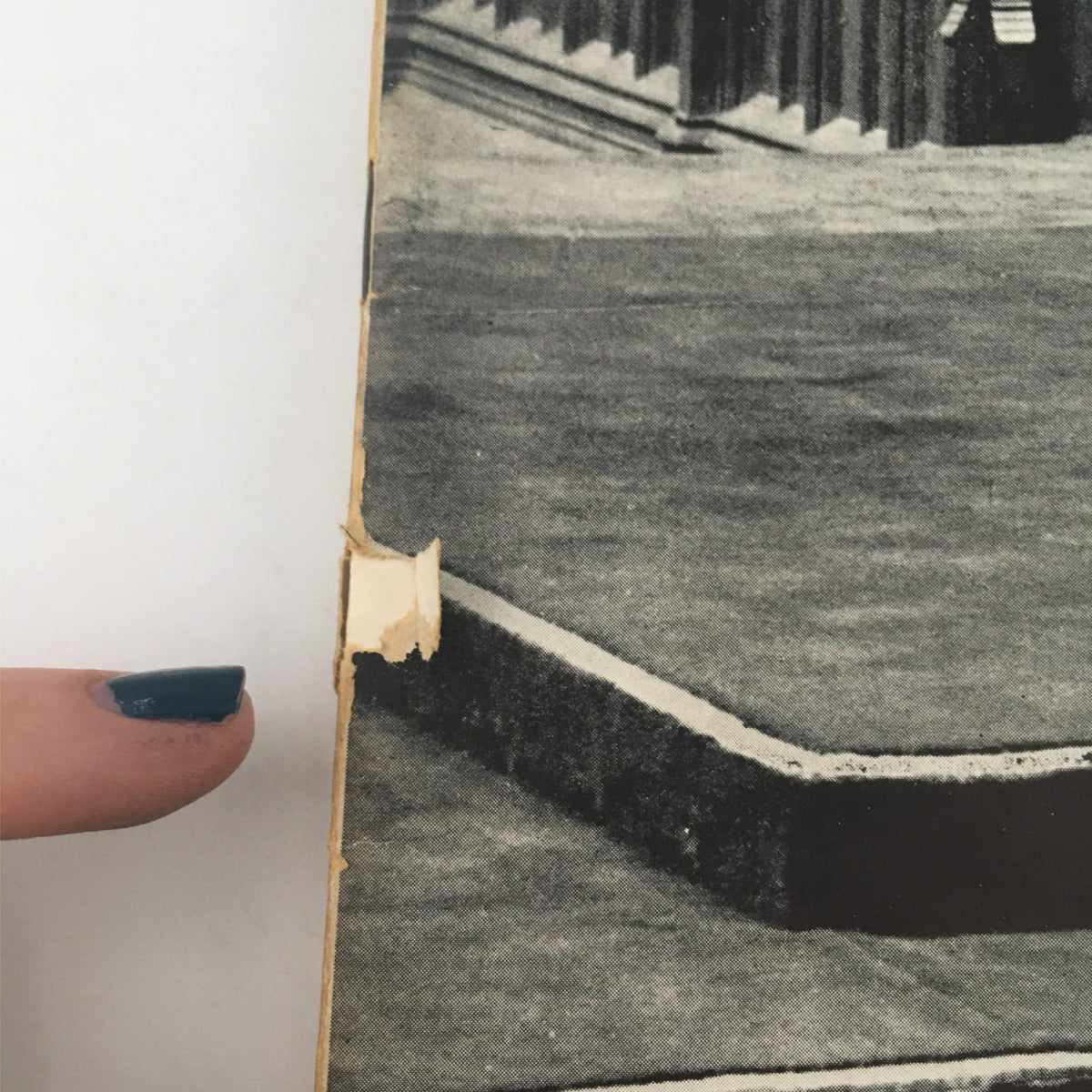 Damaged corner of the VTG Life Magazine March 15, 1937 Throne in Westminster Abbey, showcasing minor wear and tear.