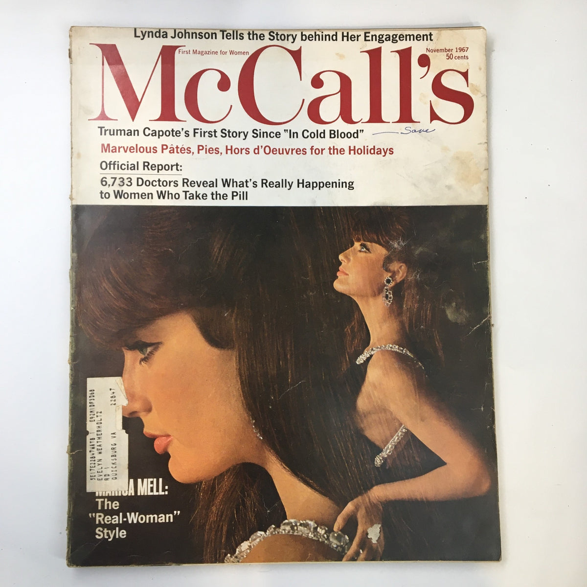 Vintage McCall's Magazine cover from November 1967 featuring Truman Capote's first story 'In Cold Blood', showcasing a woman in elegant jewelry and hairstyle.