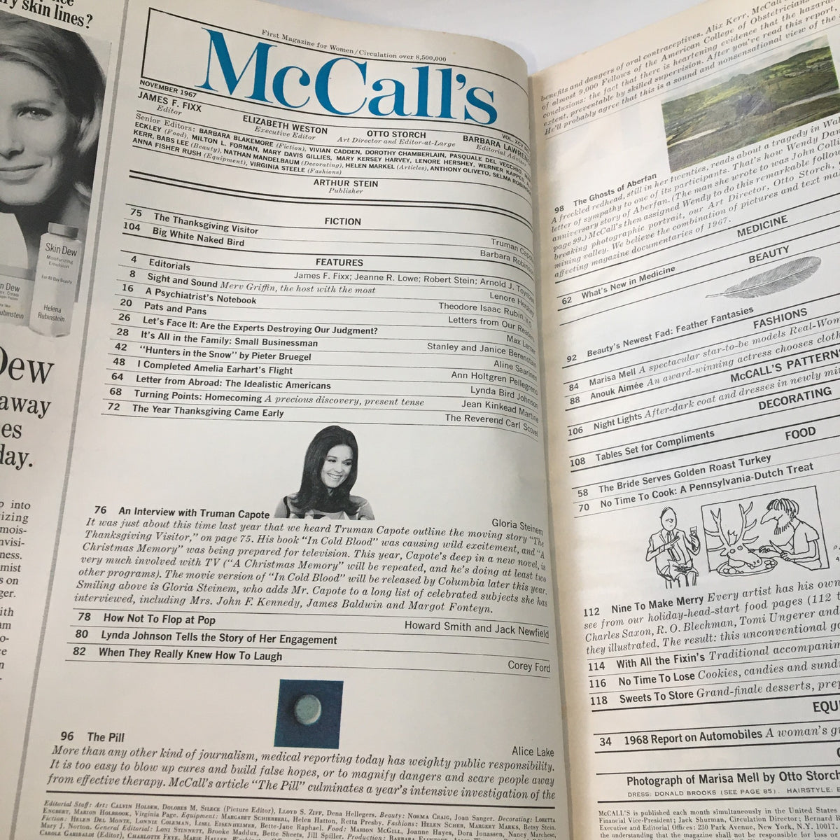 Interior view of November 1967 McCall's Magazine showcasing the table of contents featuring Truman Capote's contribution, 'An Interview with Truman Capote,' along with various articles and advertisements from the era.