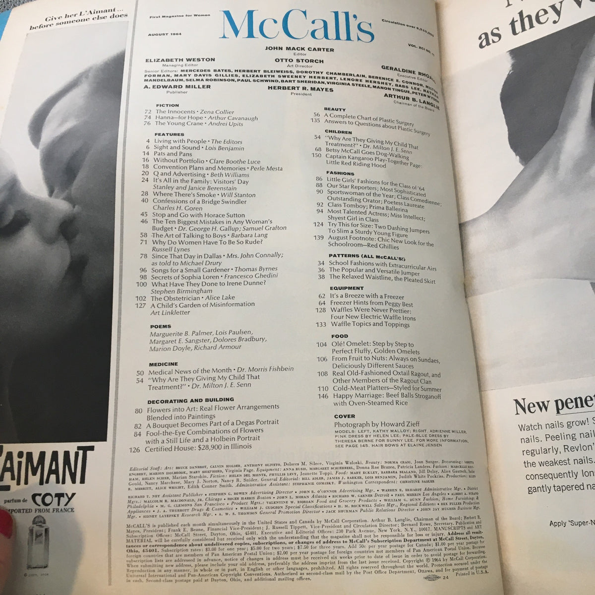 Interior page of VTG McCall's Magazine August 1964 displaying the table of contents, featuring articles and topics including the title 'Take Your Choice: Irene Dunne Then or Sophia Loren Now.'