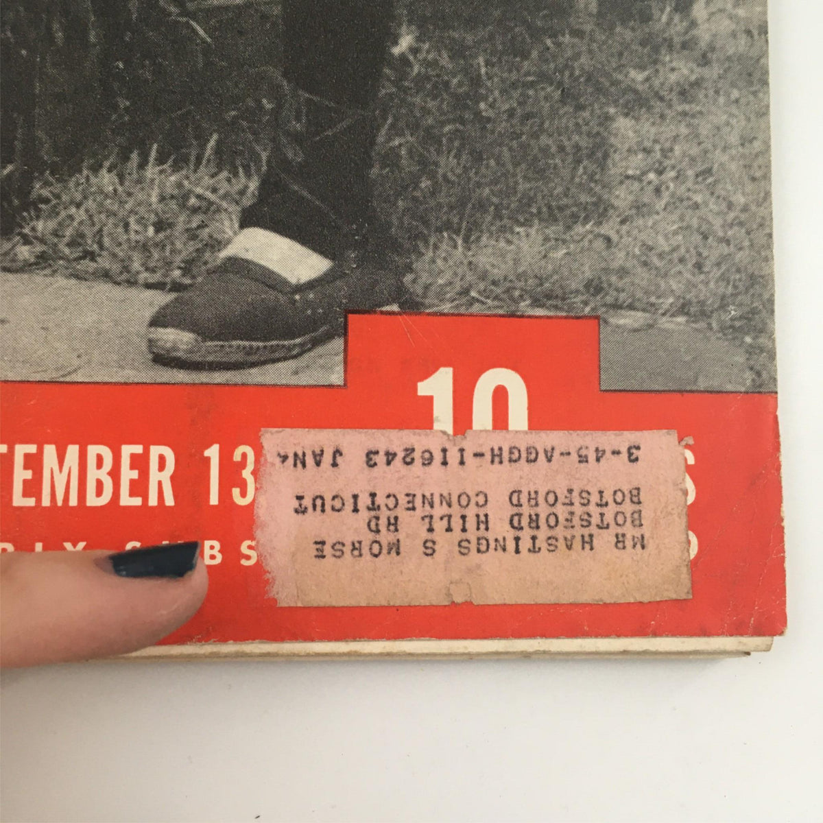 Close-up of the address label on the vintage Life Magazine from September 13, 1943. The magazine highlights leotards and includes notable figures from that era.