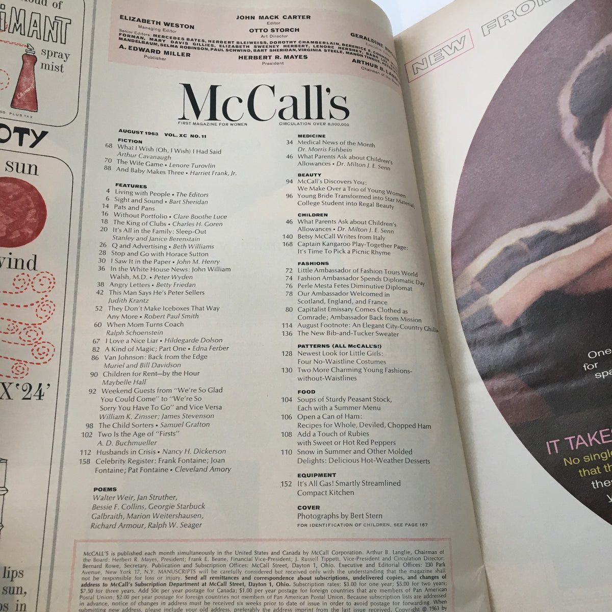 Inside page of VTG McCall's Magazine August 1963 showcasing the contents list, featuring articles related to women's fashion, children modeling, beauty tips, and recipes.
