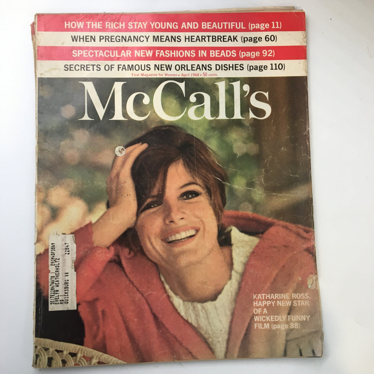 McCall's Magazine April 1968 cover featuring Katharine Ross, highlighting her rise to fame as a new star in a wickedly funny film.