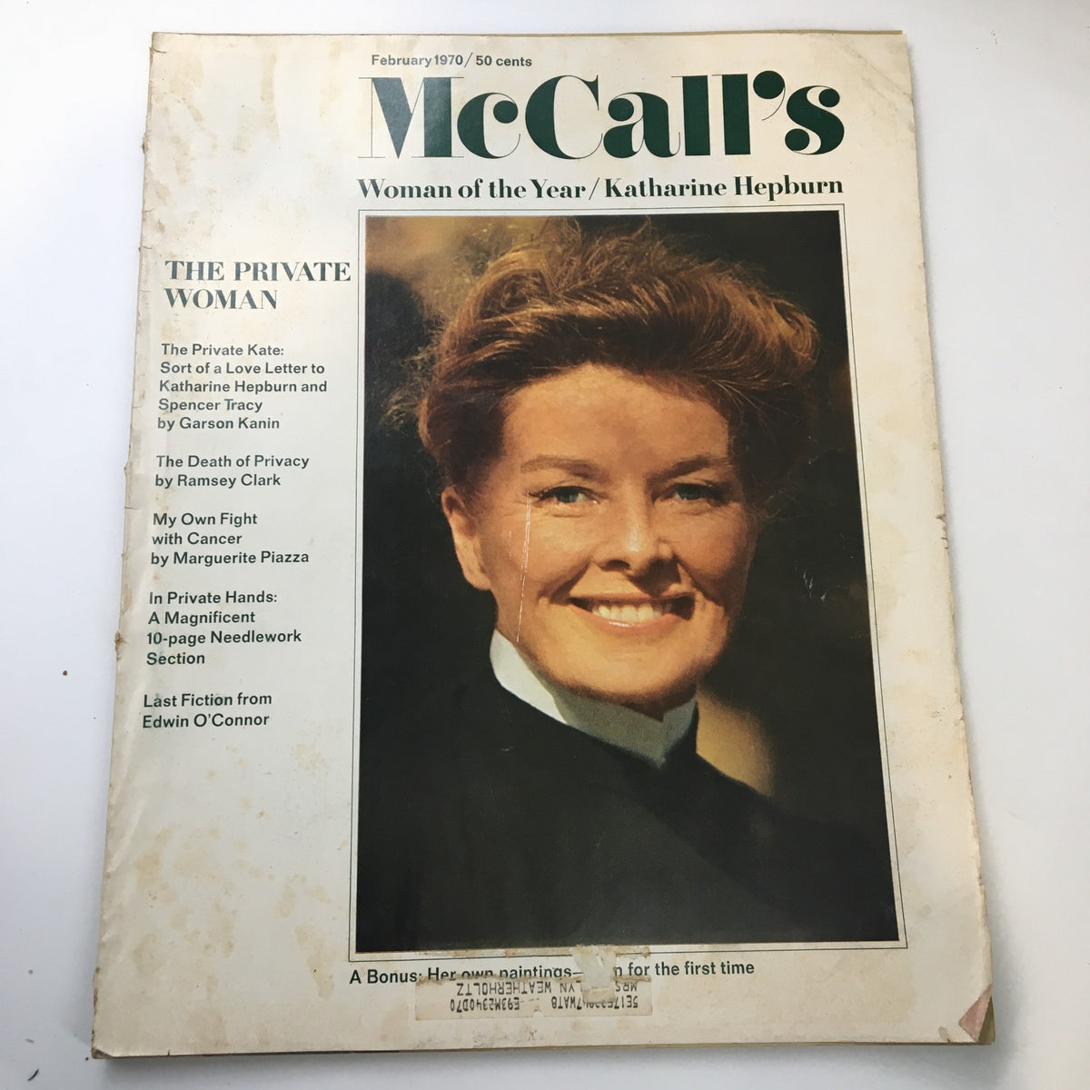 Cover of VTG McCall's Magazine February 1970 featuring Katharine Hepburn as Woman of the Year, showcasing her signature smile and iconic hairstyle.