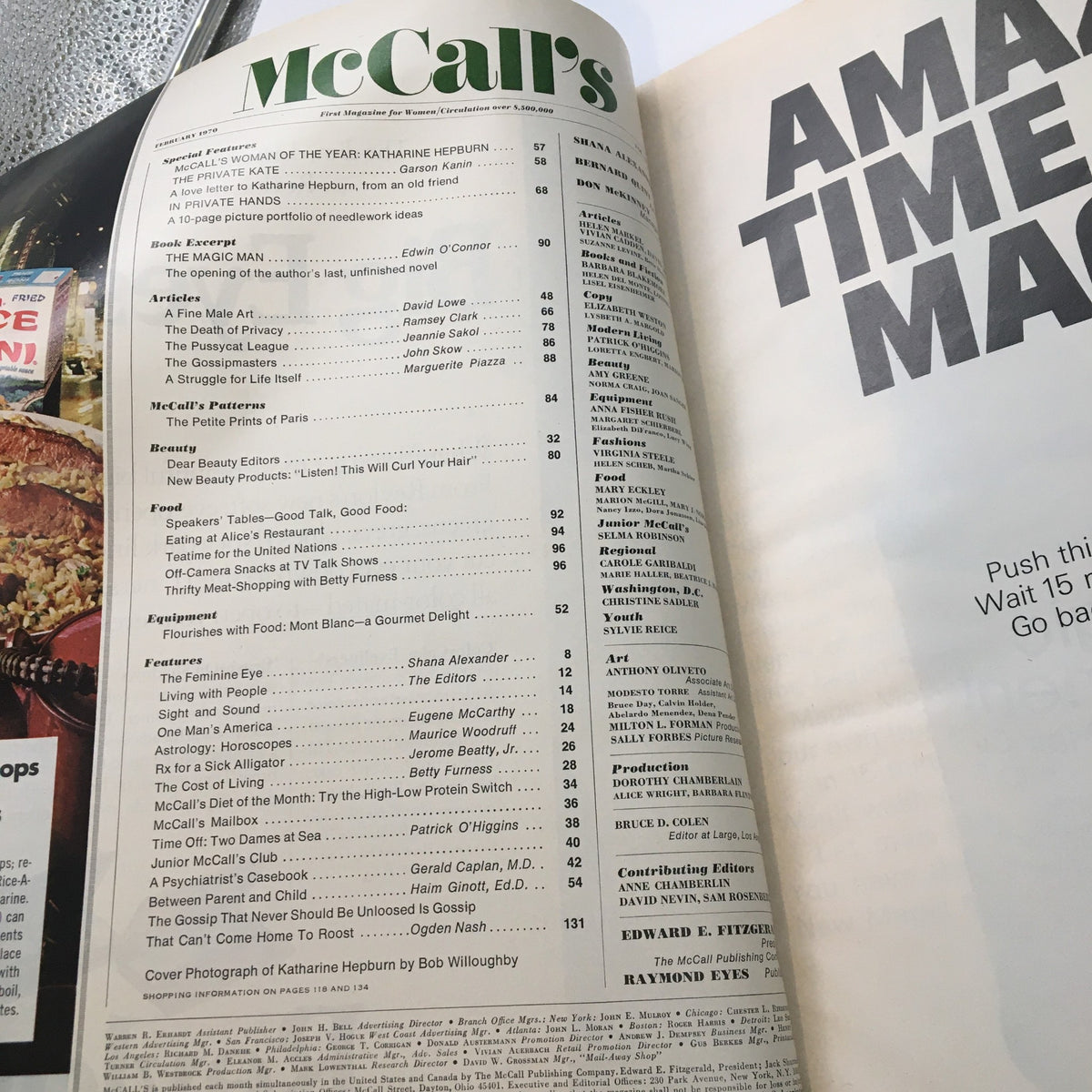 Inside pages of McCall's Magazine February 1970, highlighting articles and features, with a focus on Katharine Hepburn as Woman of the Year.
