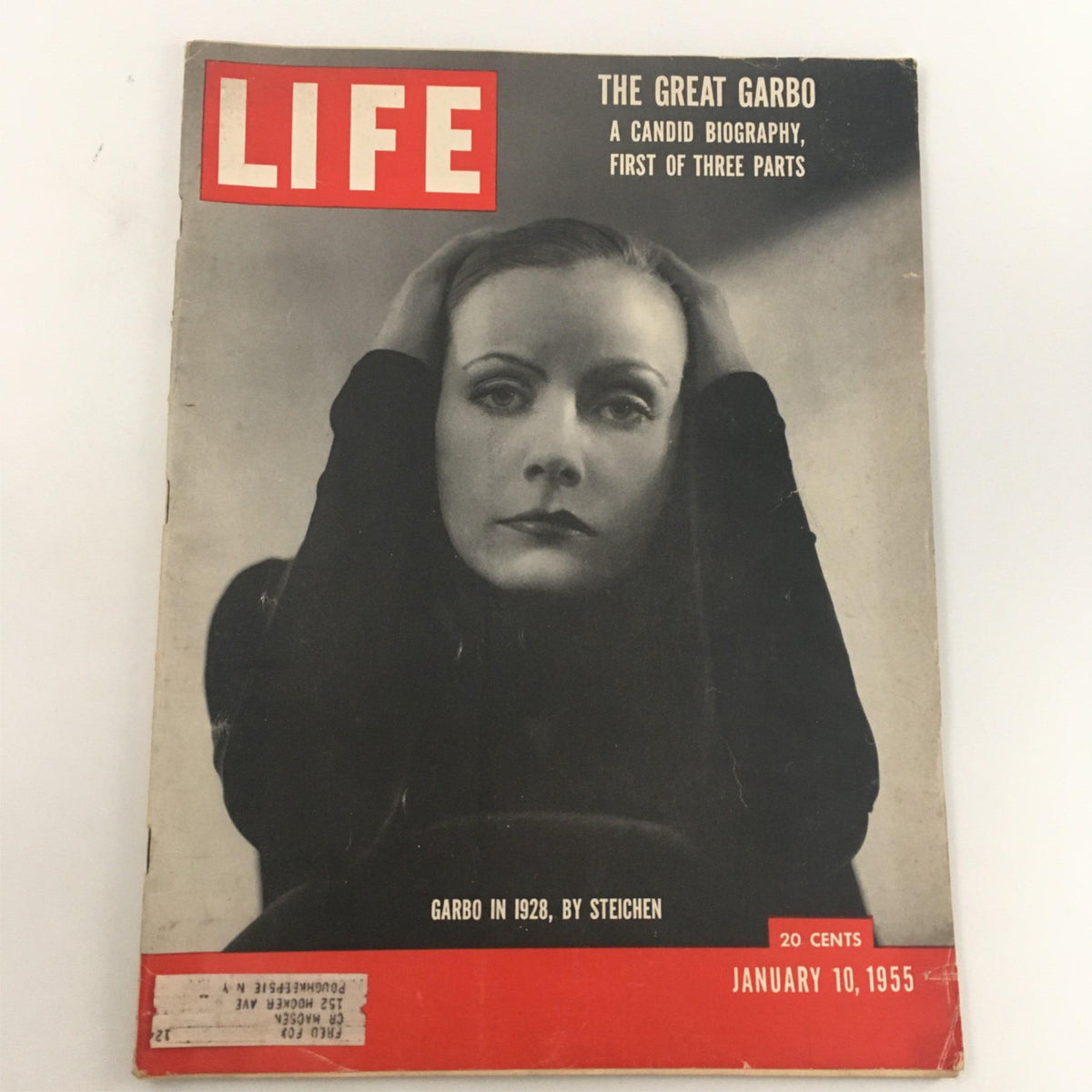 Cover of VTG Life Magazine January 10, 1955, featuring Greta Garbo in 1928, photographed by Edward Steichen. The cover includes the title 'LIFE' and highlights Garbo's captivating image, celebrating vintage Hollywood glamour.