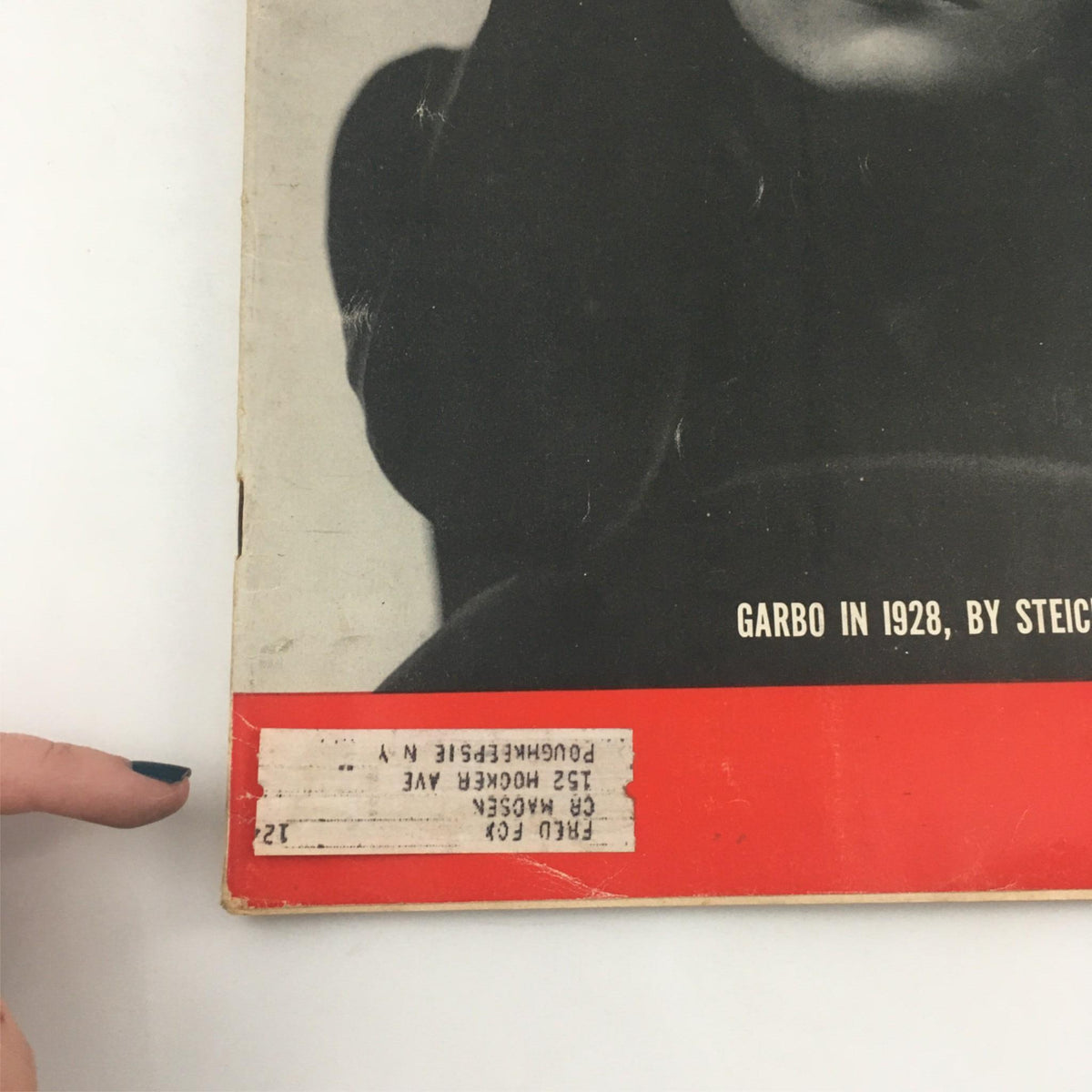 Vintage Life Magazine January 10, 1955 cover featuring Greta Garbo in 1928 captured by Edward Steichen. The image shows the magazine’s edge with a label indicating a previous owner and highlights its classic design.