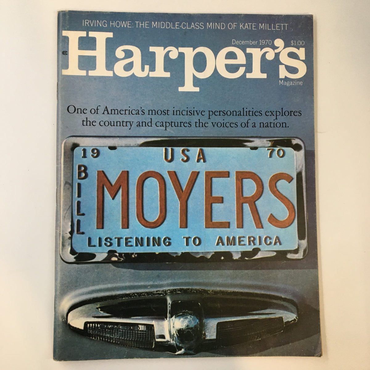 Cover of the December 1970 issue of Harper's Magazine featuring the title 'Listening to America' by Bill Moyers, showcasing a vintage car license plate and the magazine's iconic design.