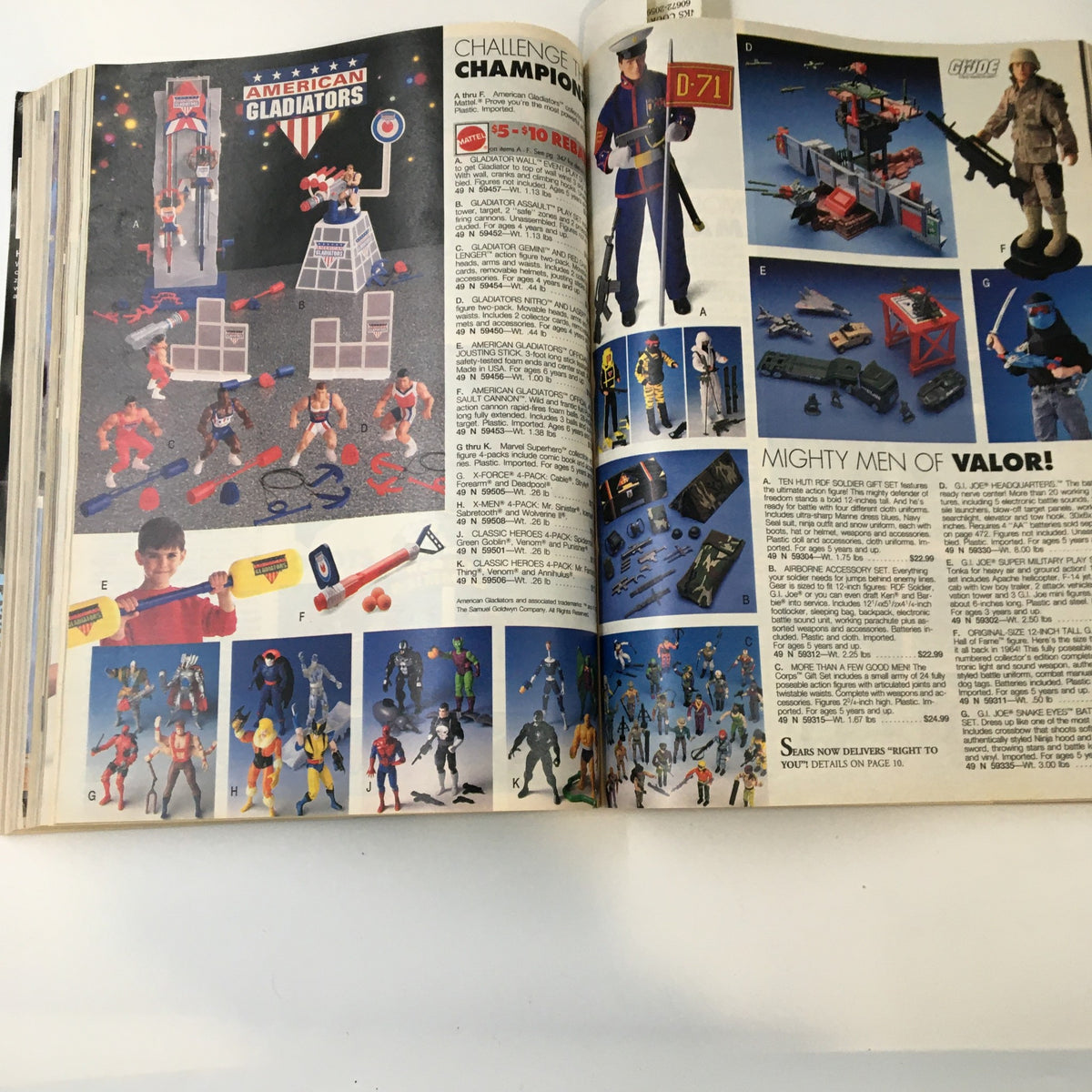 1992 Sears The Great American Wish Book Catalog displaying American Gladiators toy sets and G.I. Joe action figures with detailed descriptions and pricing.