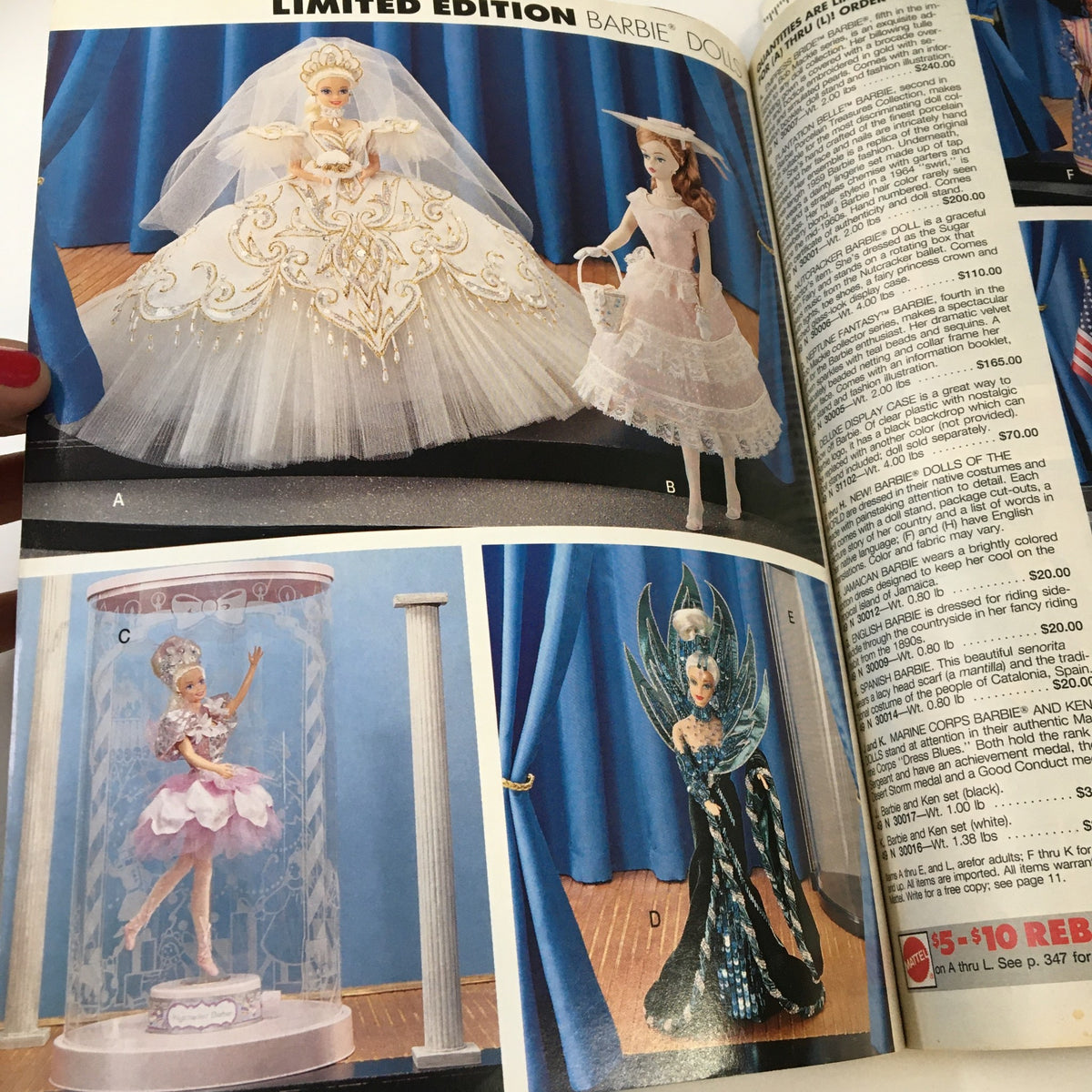 1992 Sears The Great American Wish Book Catalog illustrating limited edition Barbie dolls, highlighting their detailed designs and collectible nature with price listings.